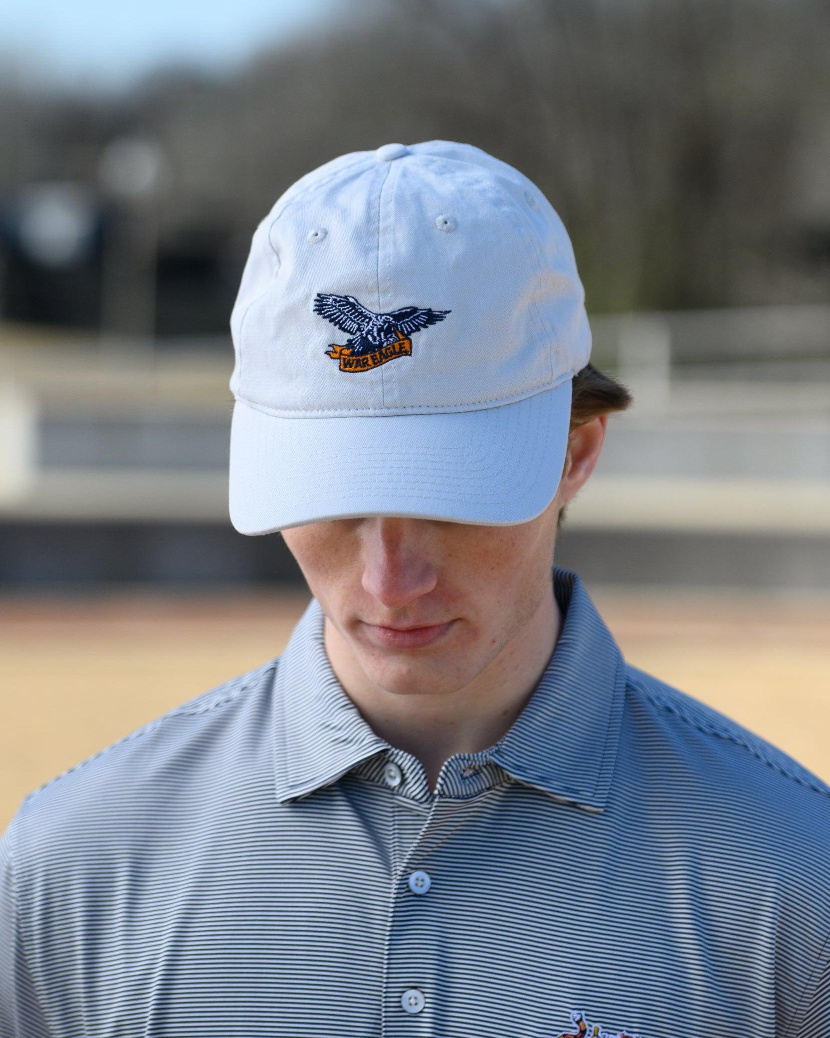 Auburn University White Dad Hat with a blue embroidered logo of the War Eagle Banner.