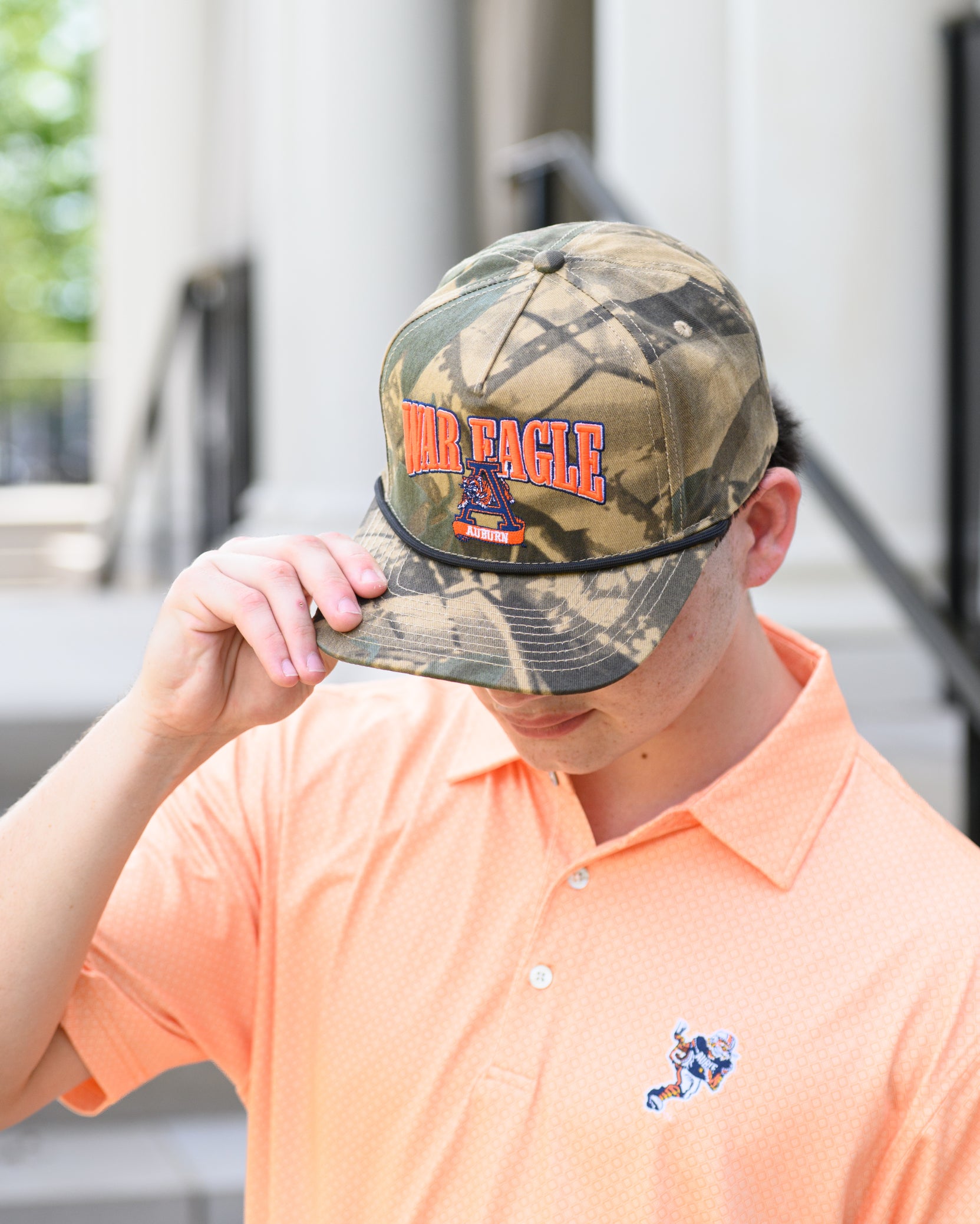 Auburn University Camouflage Hat with Orange text “War Eagle