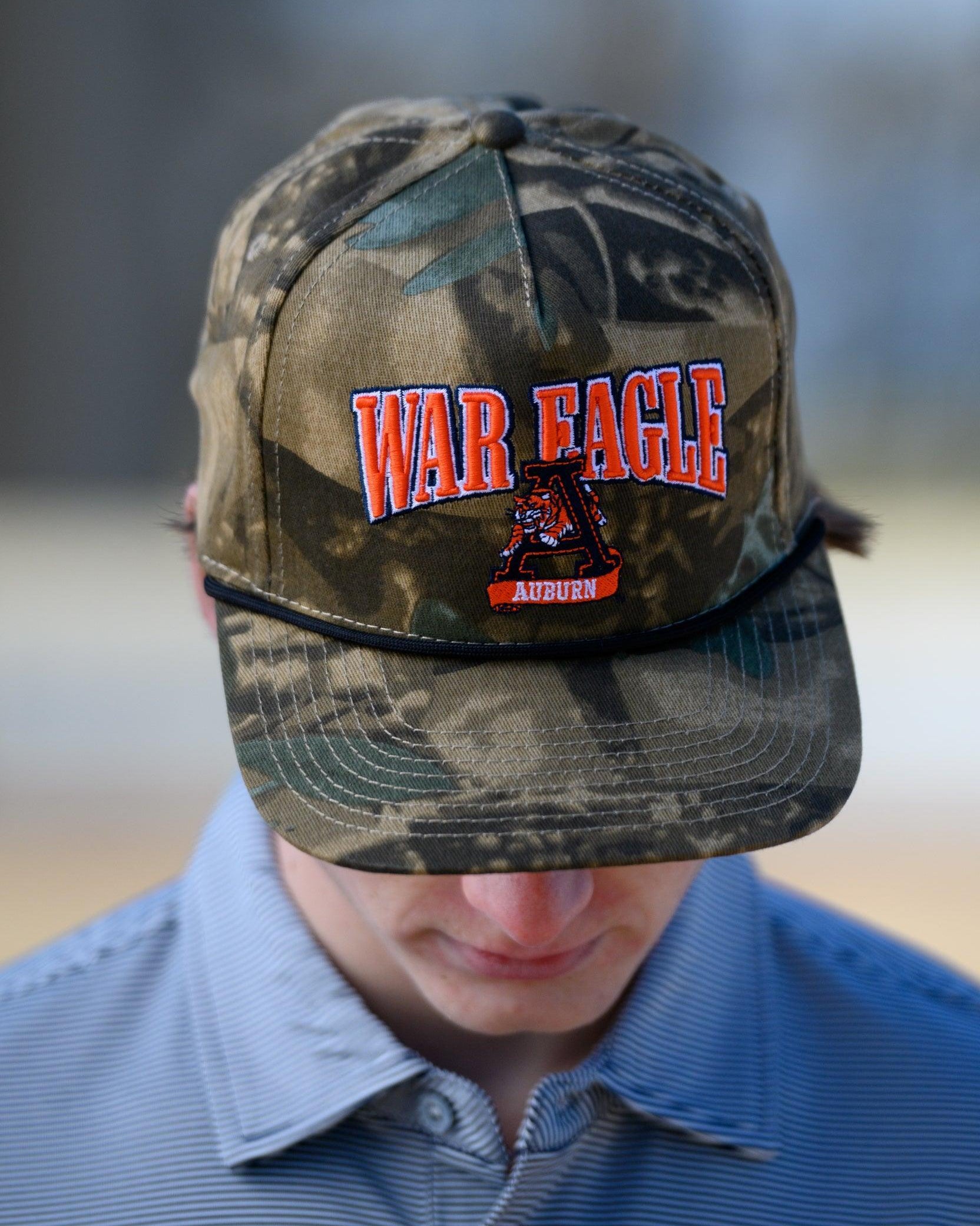 Auburn University Camouflage Hat with Orange text “War Eagle