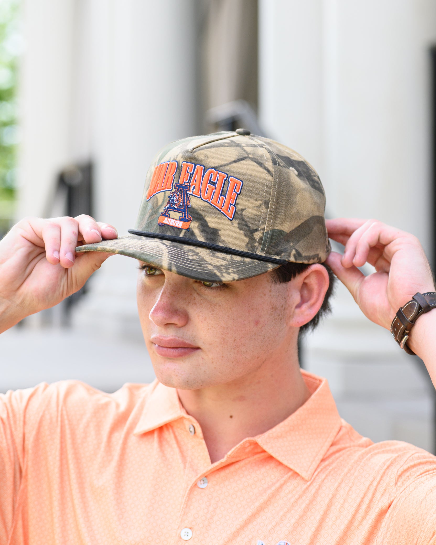 Auburn University Camouflage Hat with Orange text “War Eagle
