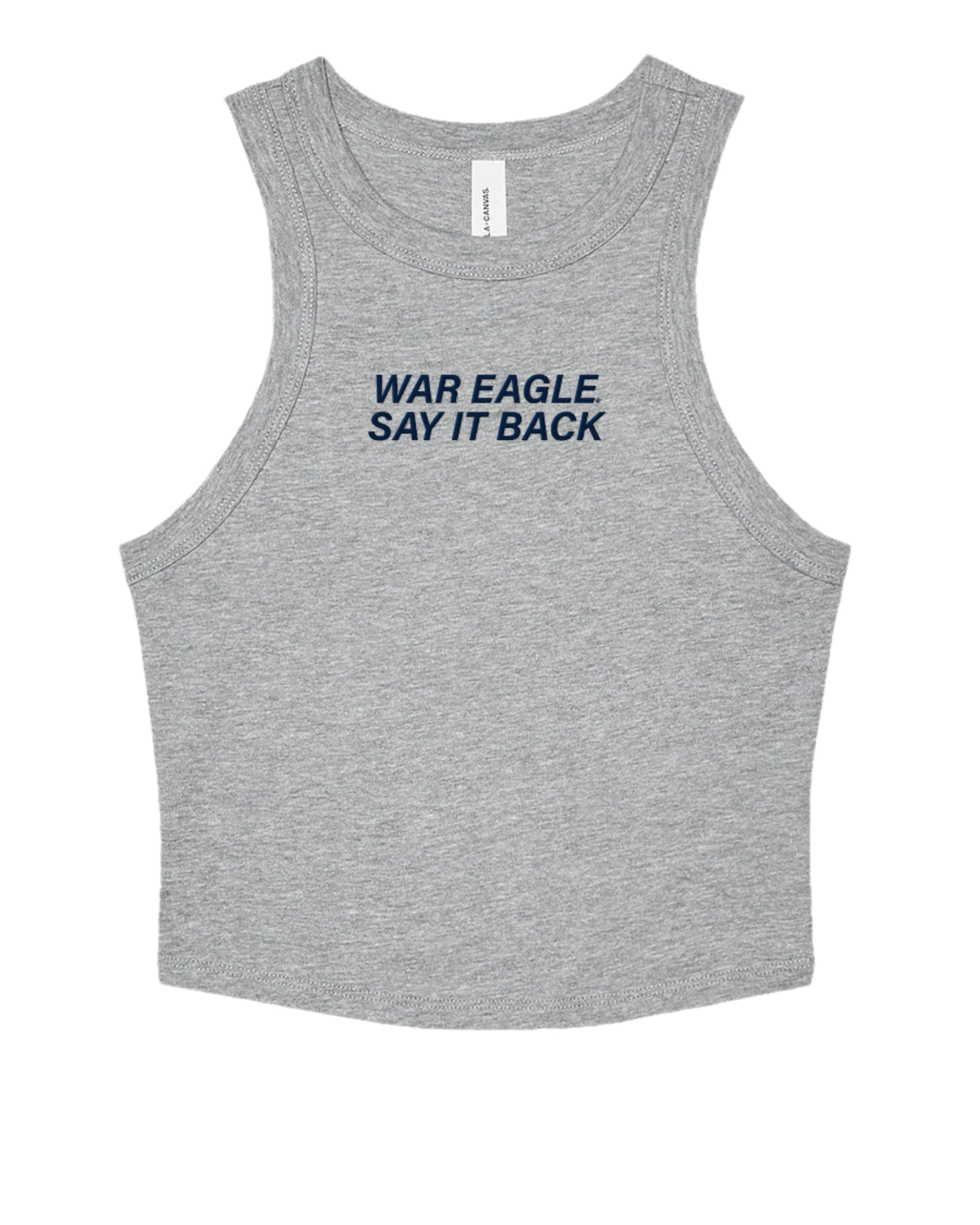 Auburn University Grey Ladies Tank Top with Navy "War Eagle say It Back" embroidery
