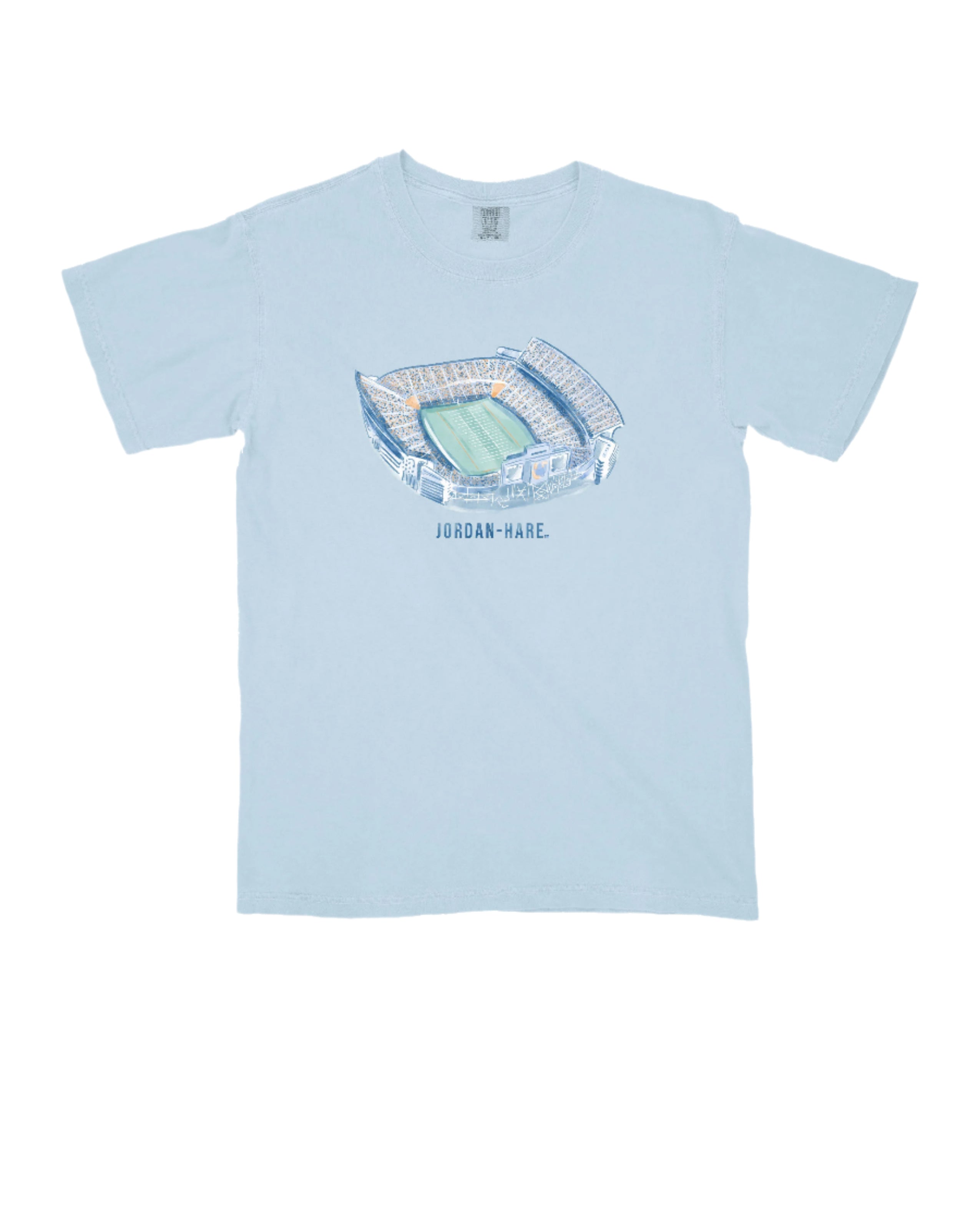 Auburn University Light Blue Youth T-Shirts with a watercolor illustration of Jordan-Hare Stadium