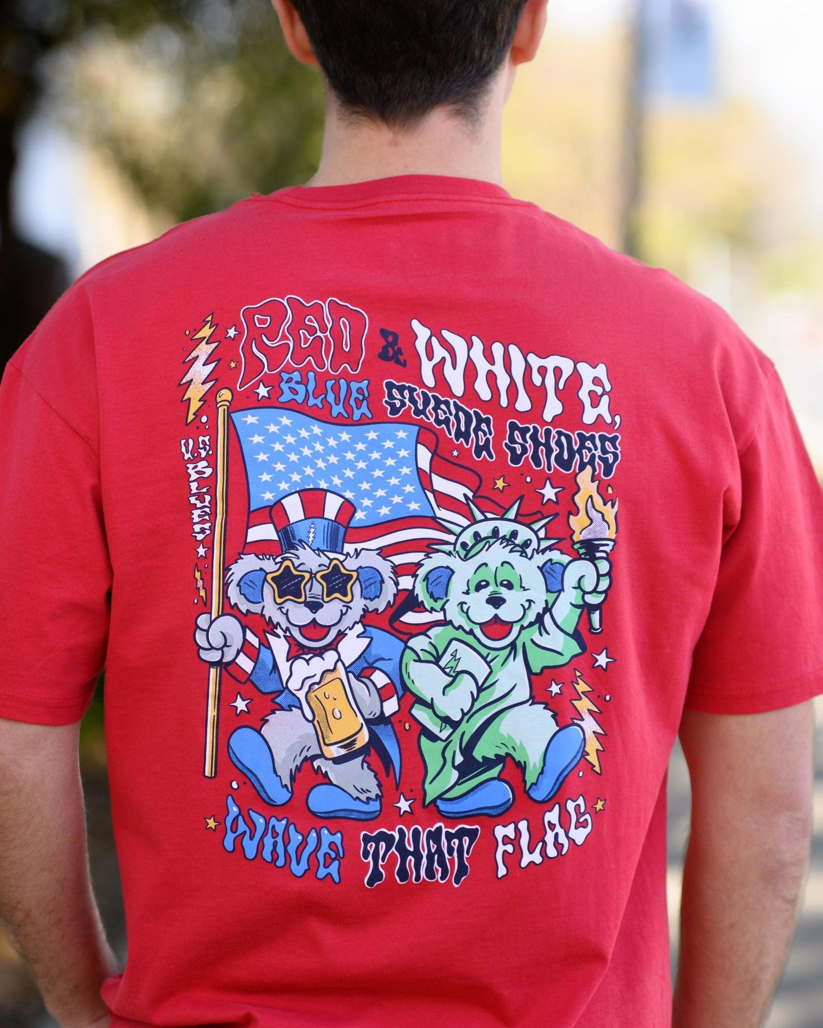 Grateful state Red T-Shirt with Dancing Bears wearing an Uncle Sam and Lady Liberty outfits and text "Red & White, Blue Suede Shoes" and "Wave That Flag"