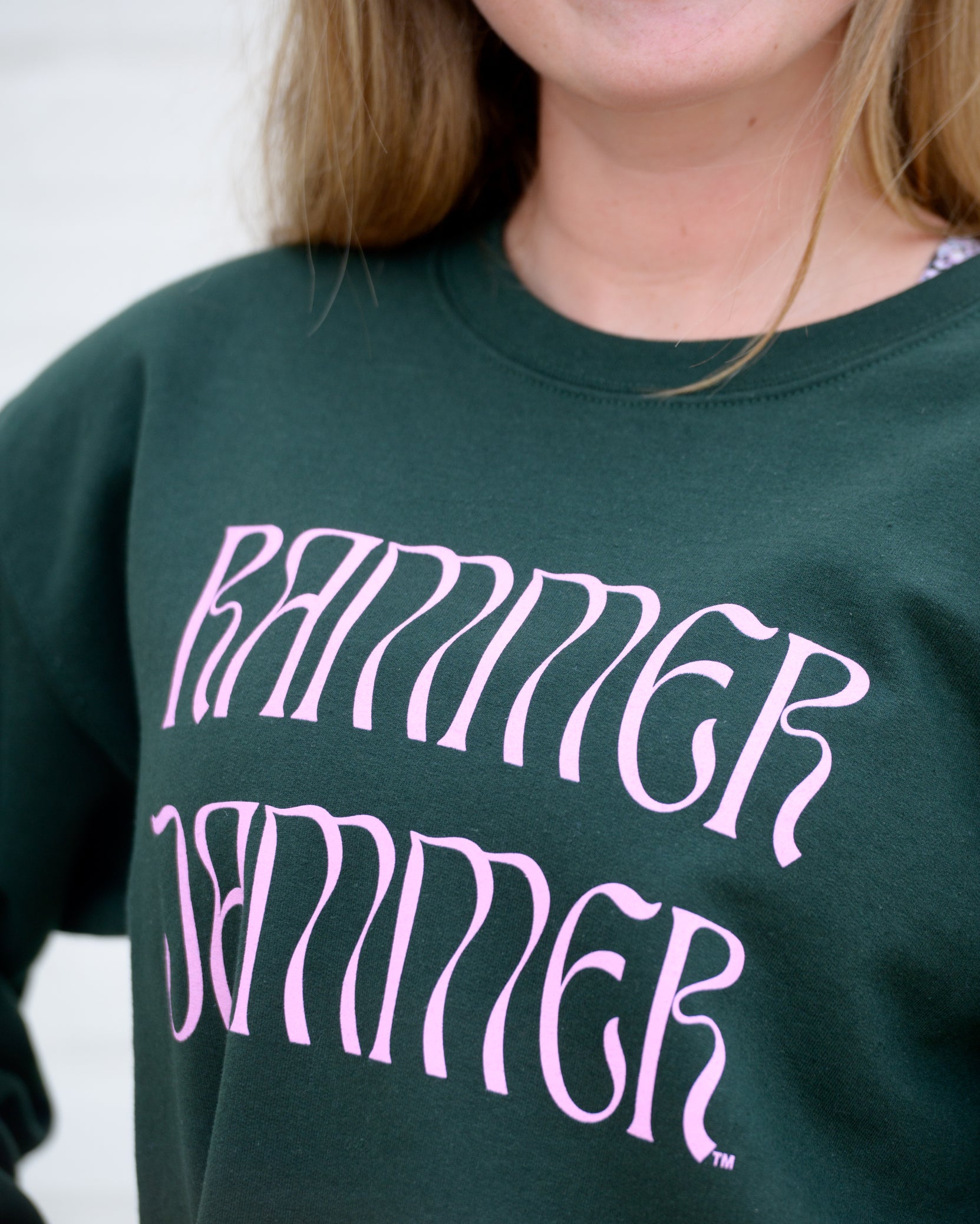University of Alabama Dark Green Sweatshirt with Pink text "Rammer Jammer"