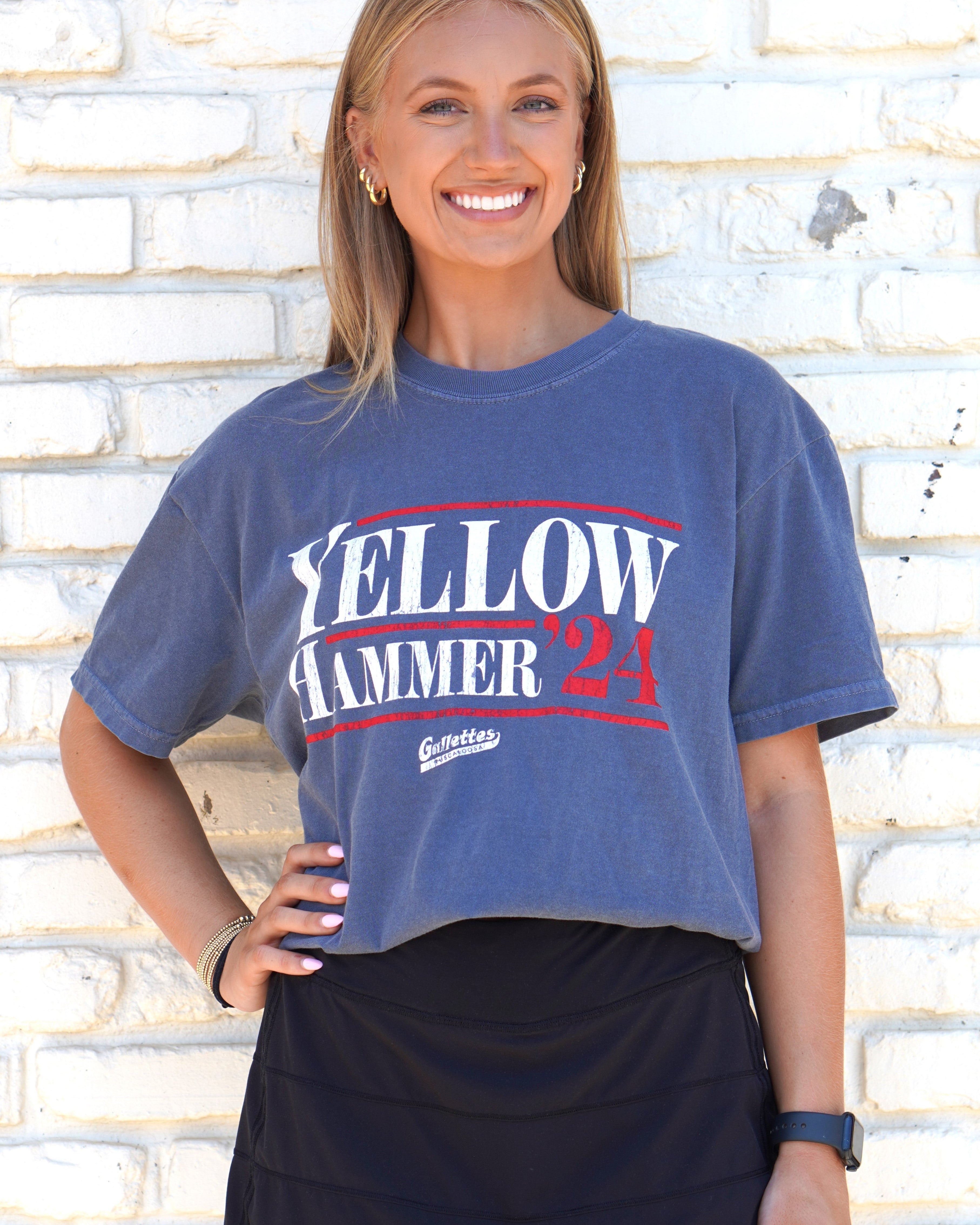 Gallettes Blue T-Shirt with White text "Yellow Hammer" and Red text "'24"