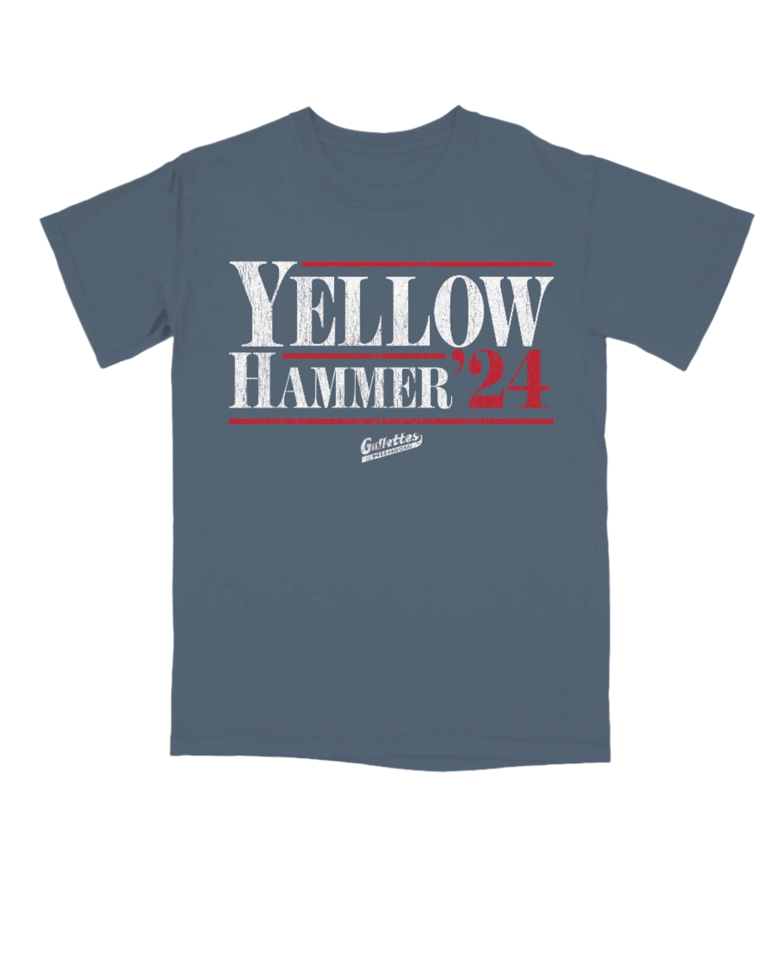 Gallettes Blue T-Shirt with White text "Yellow Hammer" and Red text "'24"