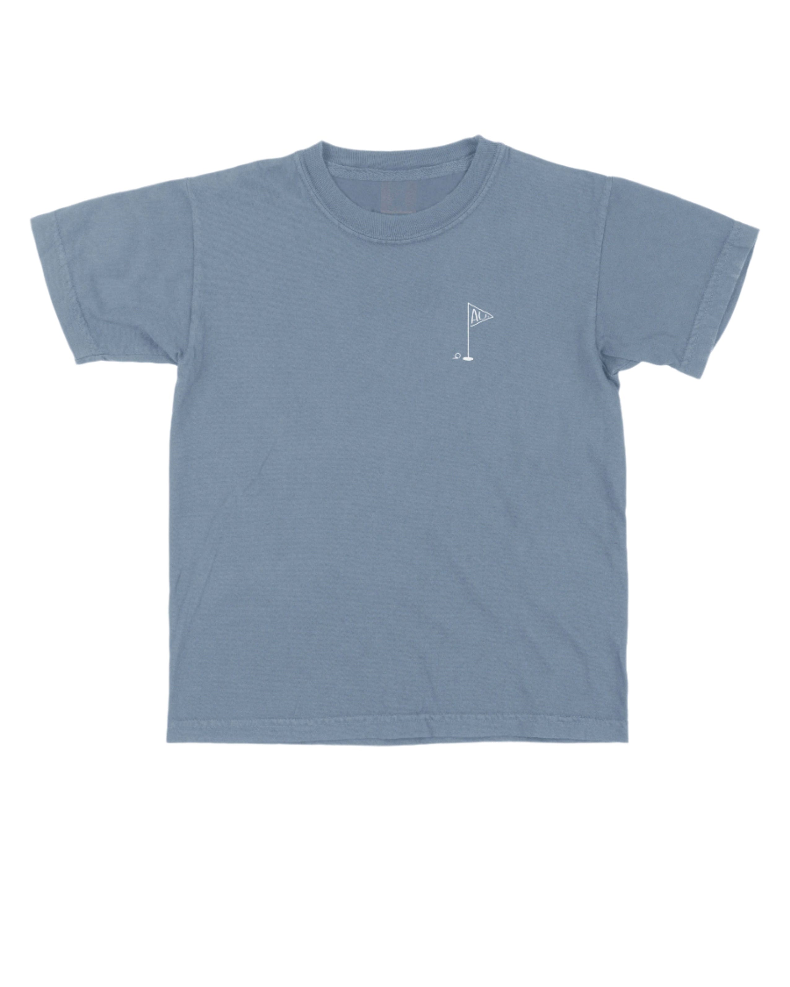 Auburn University Blue Youth T-Shirt with a small, White golf flag with "AU" inside