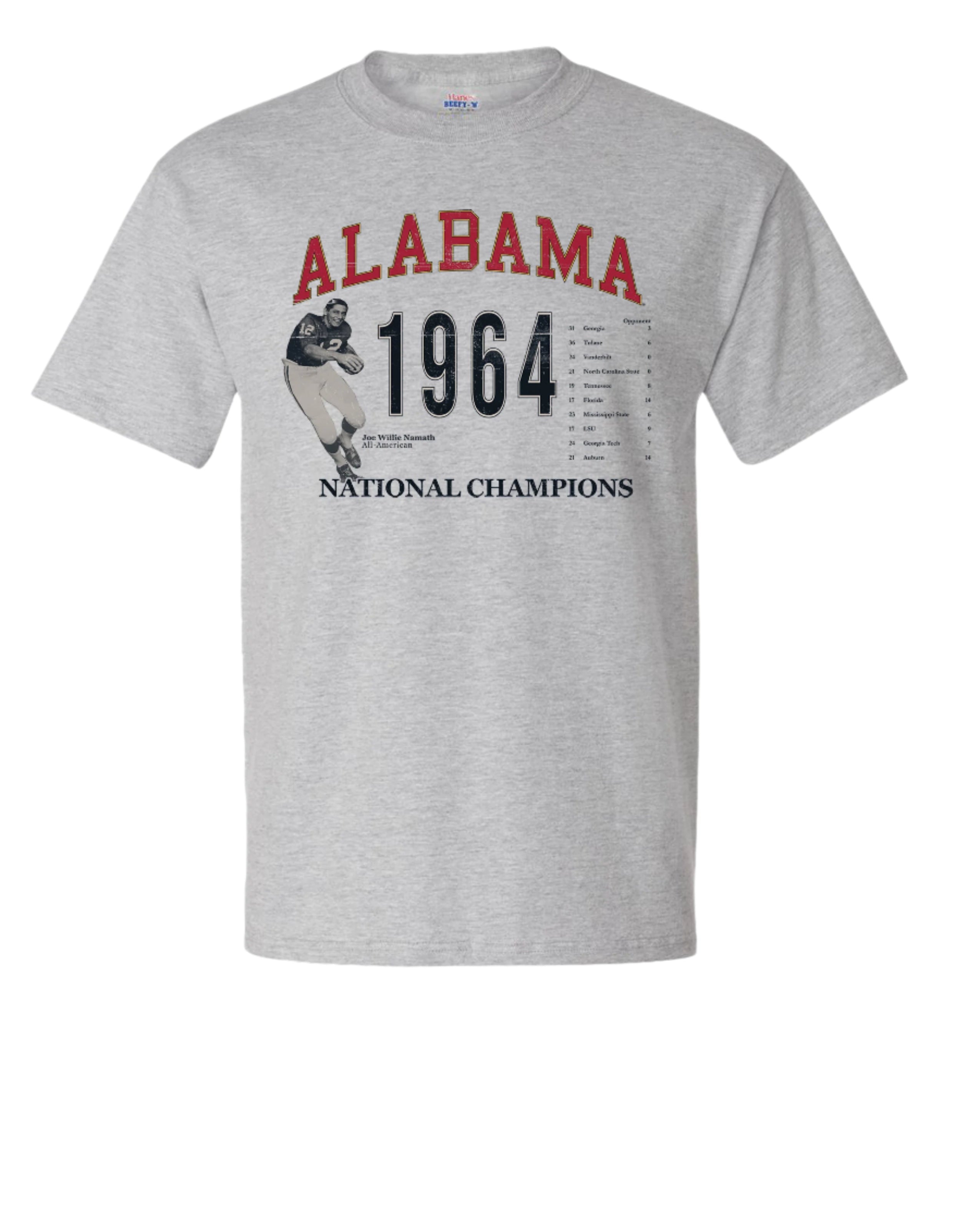 University of Alabama 1964 National Champions Light Grey Comfort Colors T-Shirt with an image of an Alabama Football player