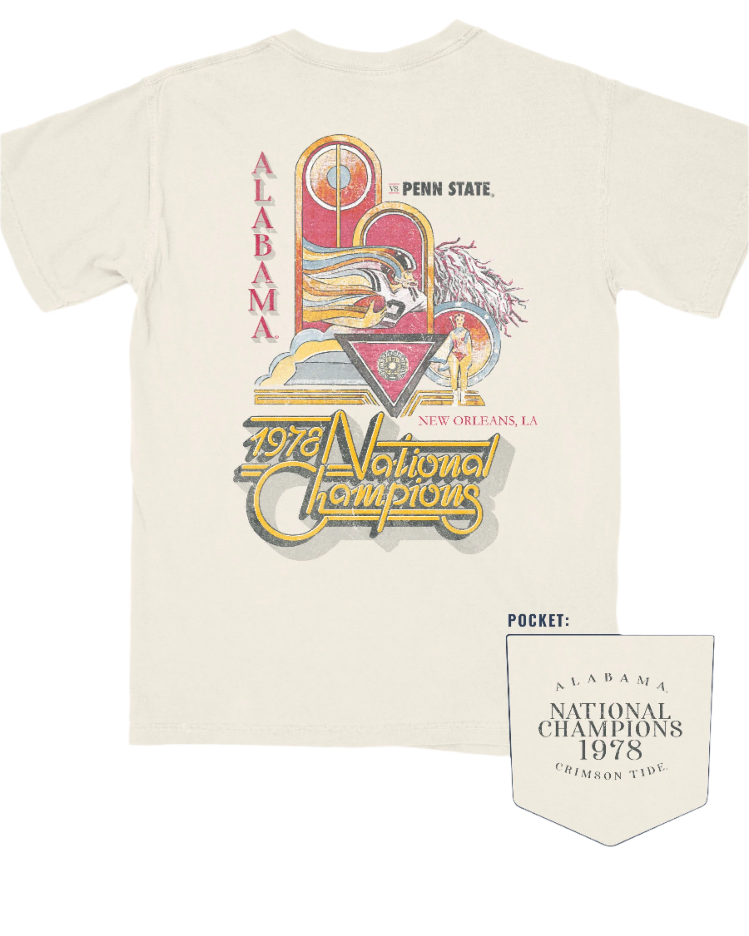 University of Alabama 1978 National Champions Comfort Colors  Ivory T- Shirt with an image of a football player running with a football and a color guard woman and yellow retro neon sign style text "1978 National Champions" (Back) | Pocket feature Black text "Alabama National Champions 1978 Crimson Tide"