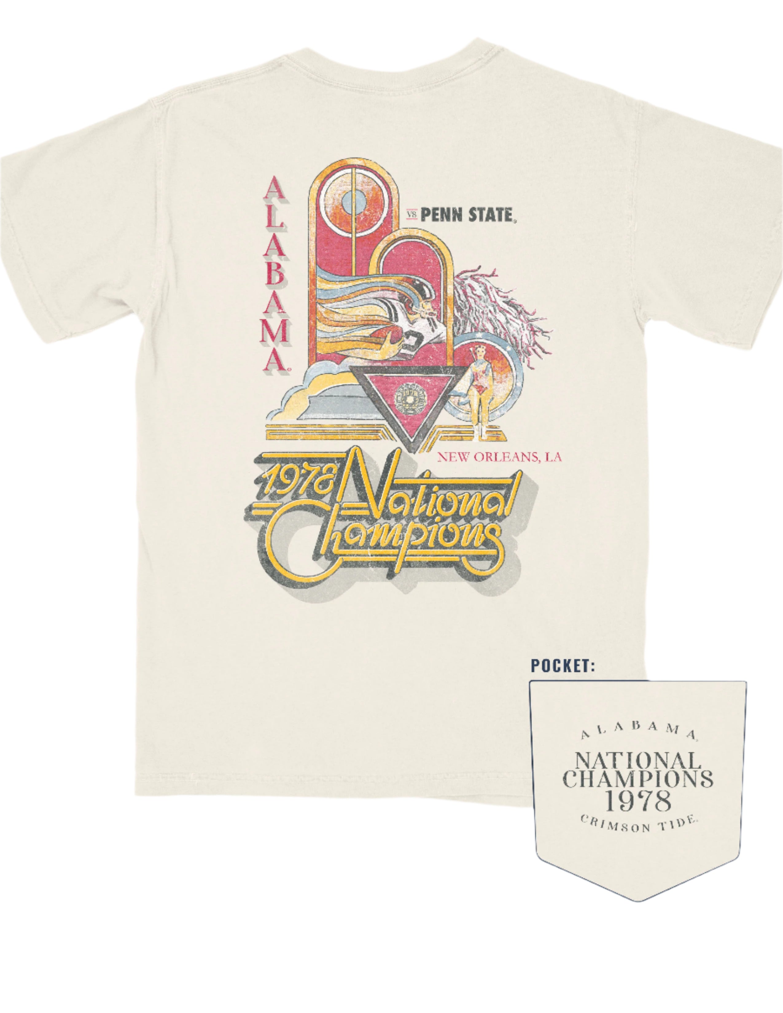 University of Alabama 1978 National Champions Comfort Colors Ivory T- Shirt with an image of a football player running with a football and a color guard woman and yellow retro neon sign style text "1978 National Champions" (Back) | Pocket feature Black text "Alabama National Champions 1978 Crimson Tide"