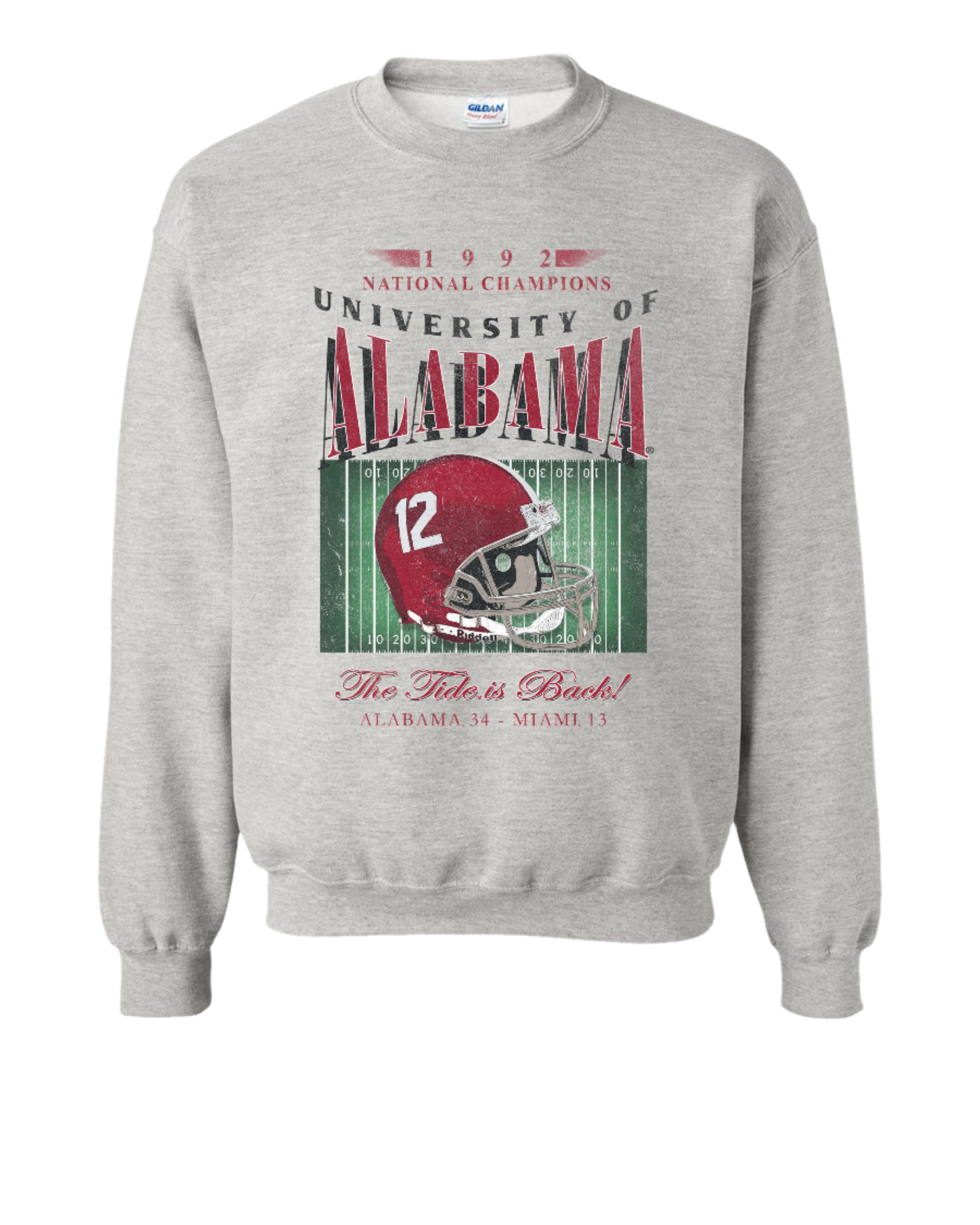 University of Alabama 1992 National Champions Gildan Ash Sweatshirt with a graphic print of a football helmet and the text '1992 National Champions UNIVERSITY OF ALABAMA'.