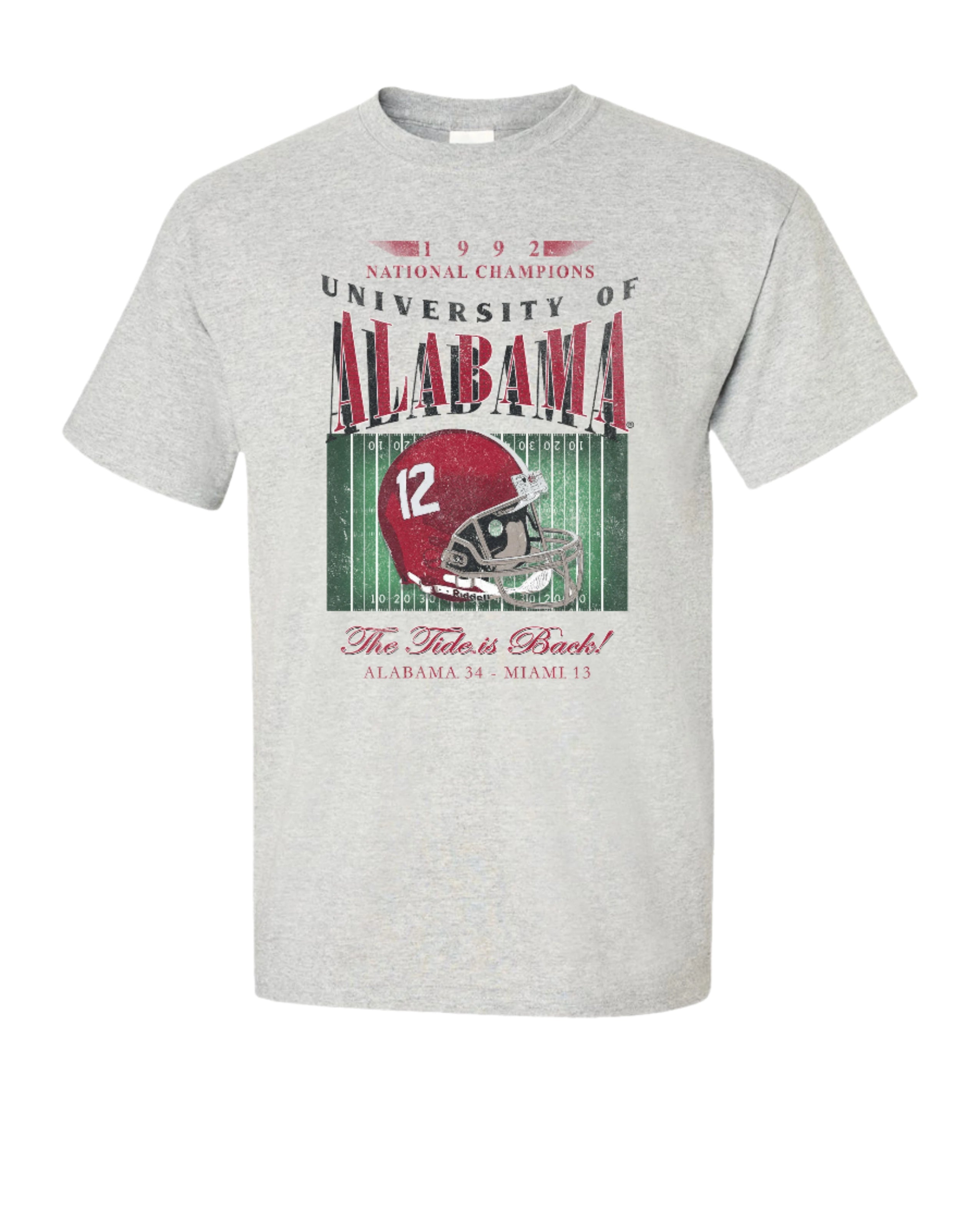 University of Alabama 1992 National Champions Comfort Colors Grey T-Shirt with a graphic print of a football helmet and the text '1992 National Champions UNIVERSITY OF ALABAMA'.