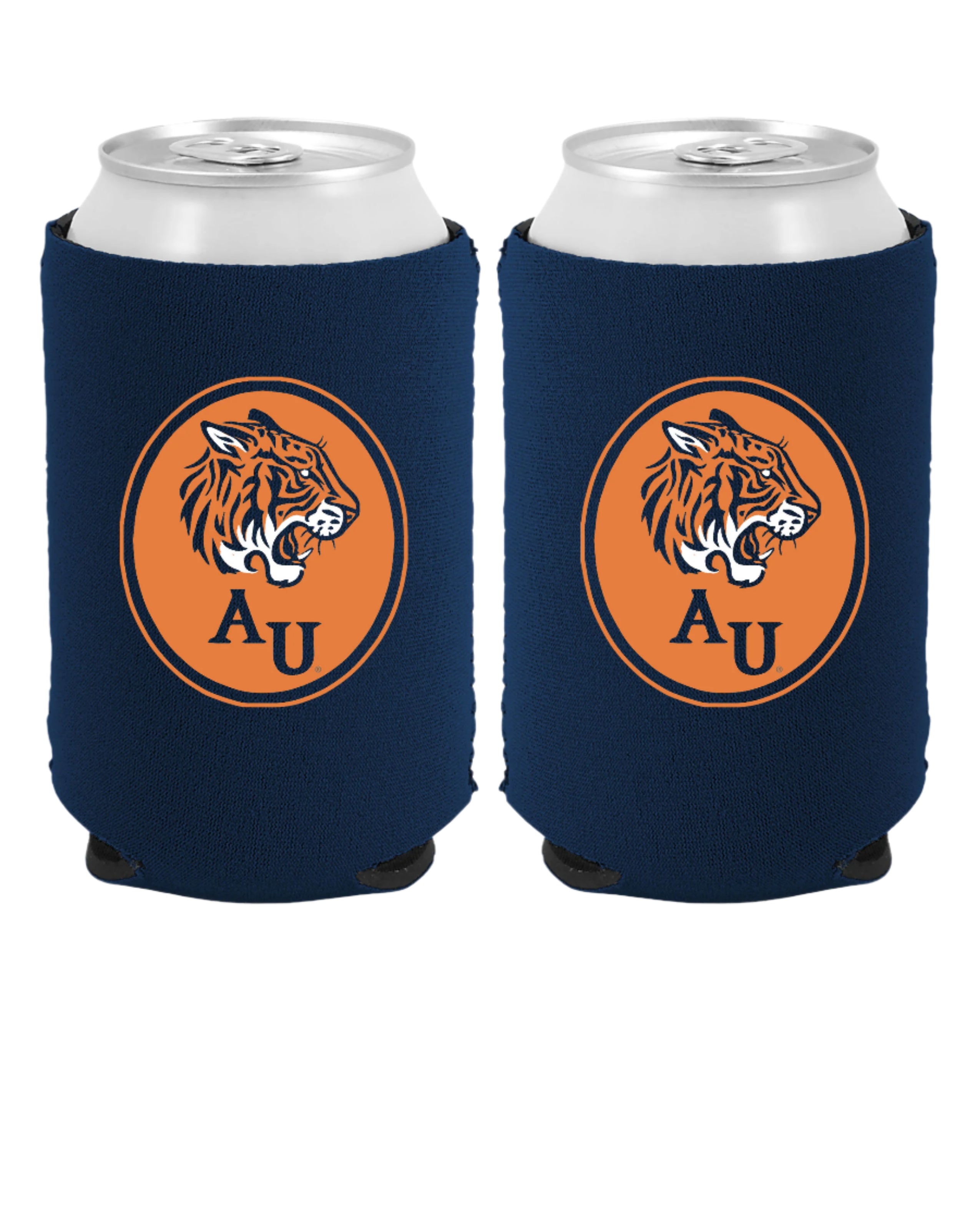 Auburn University AU Tiger Seal Koozie  Navy Neoprene Koozie withe an image of the Auburn Tiger above the letters AU