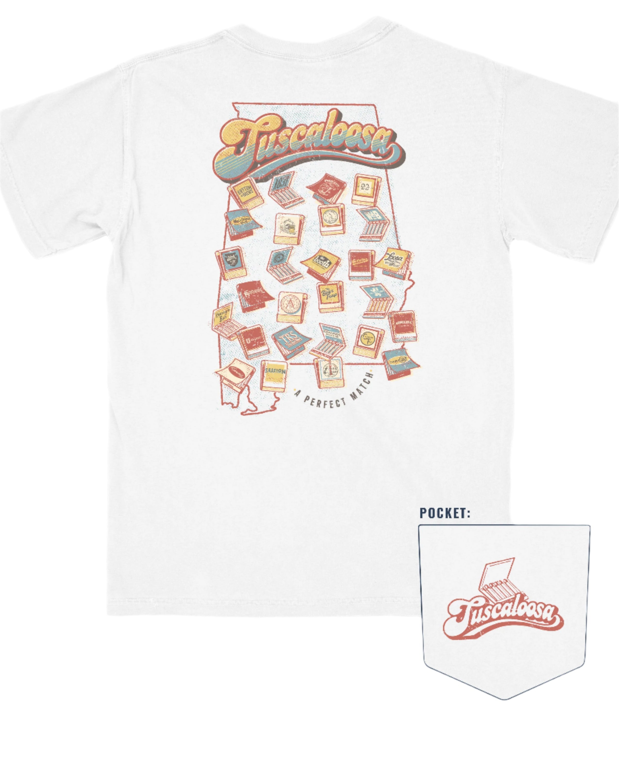 A Perfect Match White Comfort Colors T-Shirt  with the text "Tuscaloosa" and images of matchbooks inside of an outline of the state of Alabama and smaller text reading "A PERFECT MATCH" outside the outline