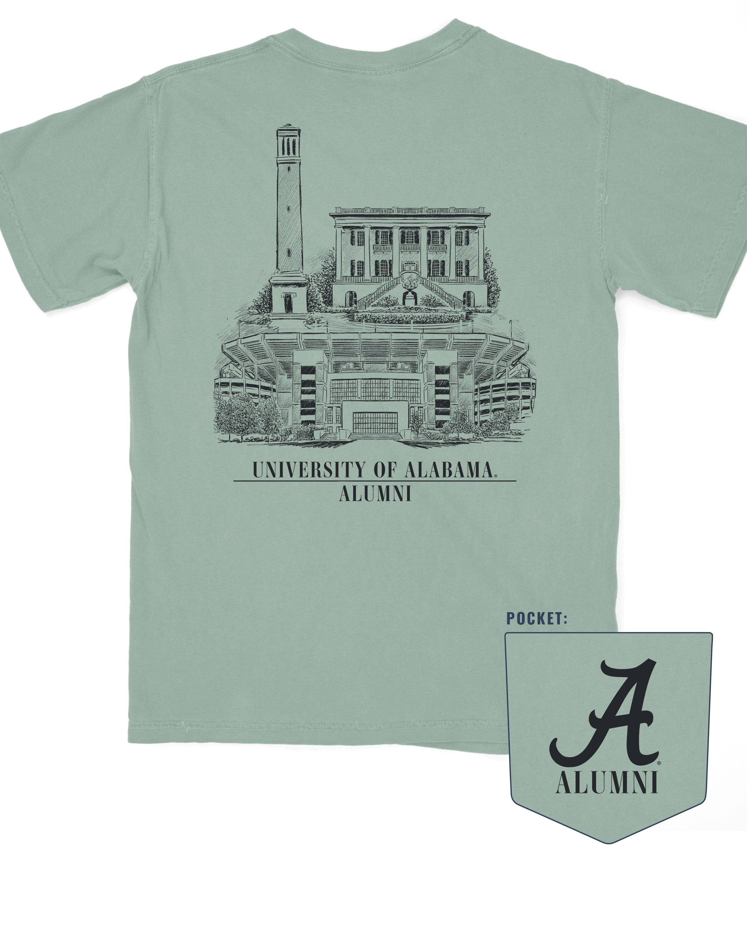 Alabama Alumni Green Comfort Colors T-Shirt with a graphic of Bryant-Denny Stadium, the President's Mansion, and Denny Chimes, and the text 'UNIVERSITY OF ALABAMA ALUMNI'.