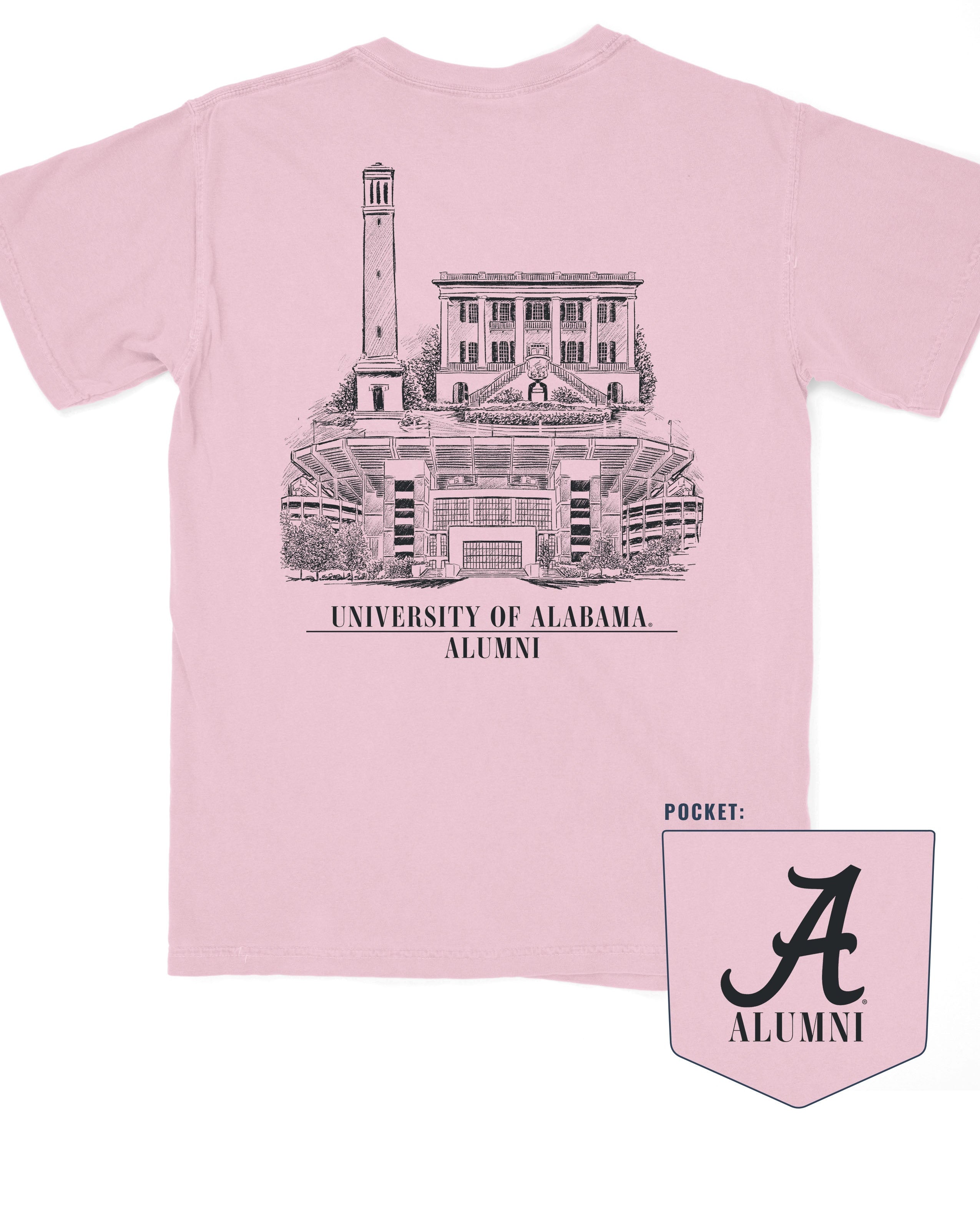 University of Alabama Alabama Alumni pink Comfort Colors T-Shirt with a graphic of Bryant-Denny Stadium, the President's Mansion, and Denny Chimes, and the text 'UNIVERSITY OF ALABAMA ALUMNI'.