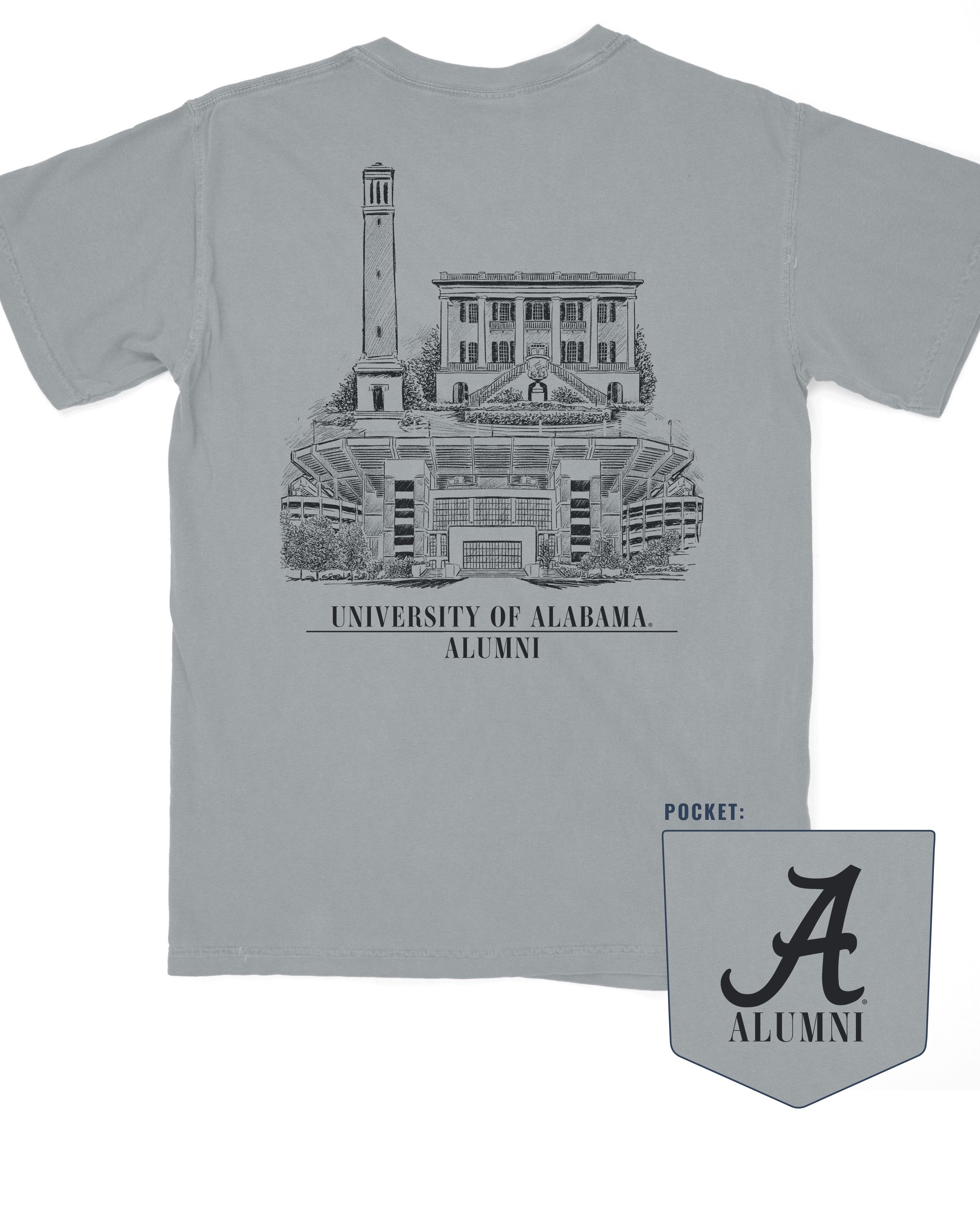 Alabama Alumni gray Comfort Colors T-Shirt with a graphic of Bryant-Denny Stadium, the President's Mansion, and Denny Chimes, and the text 'UNIVERSITY OF ALABAMA ALUMNI'.