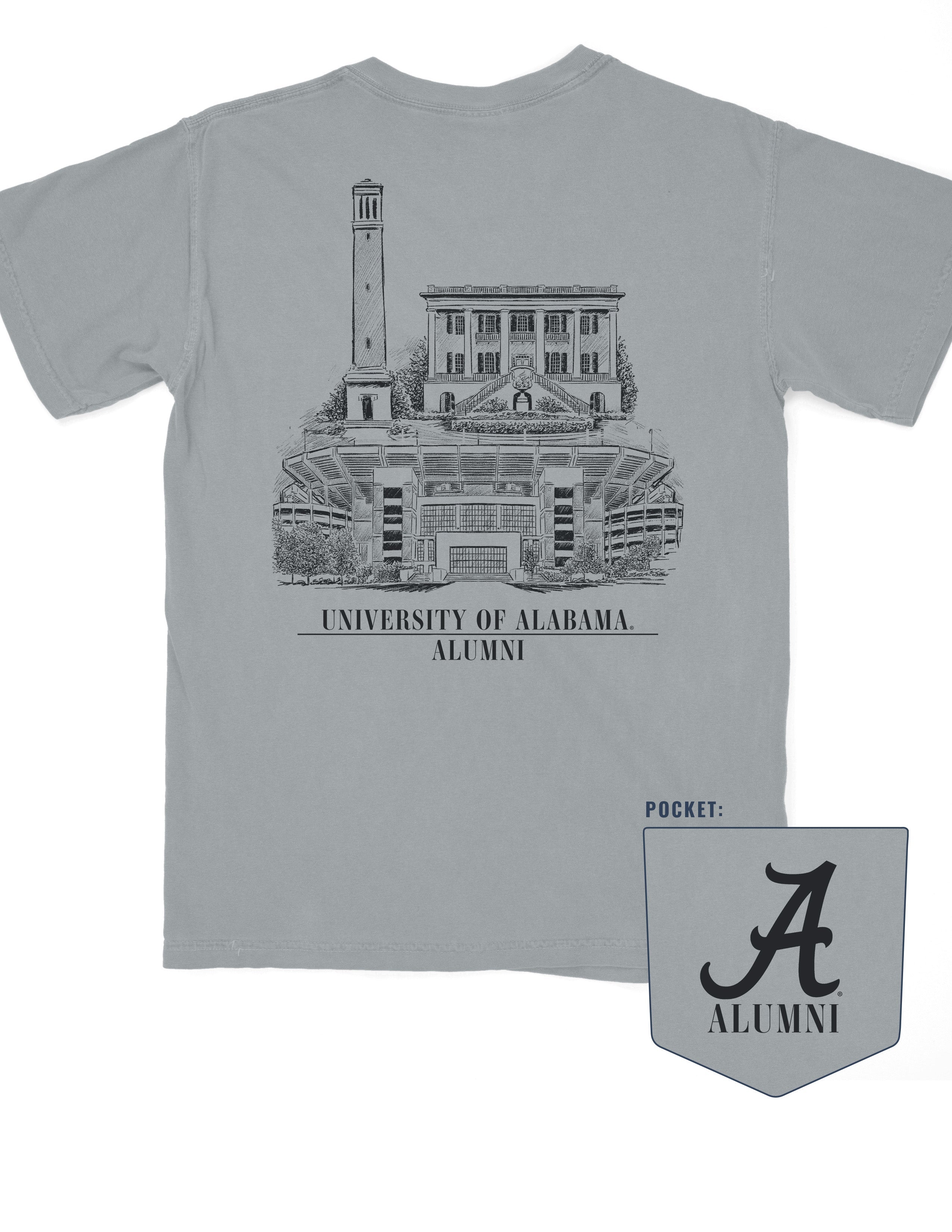 Alabama Alumni gray Comfort Colors T-Shirt with a graphic of Bryant-Denny Stadium, the President's Mansion, and Denny Chimes, and the text 'UNIVERSITY OF ALABAMA ALUMNI'.