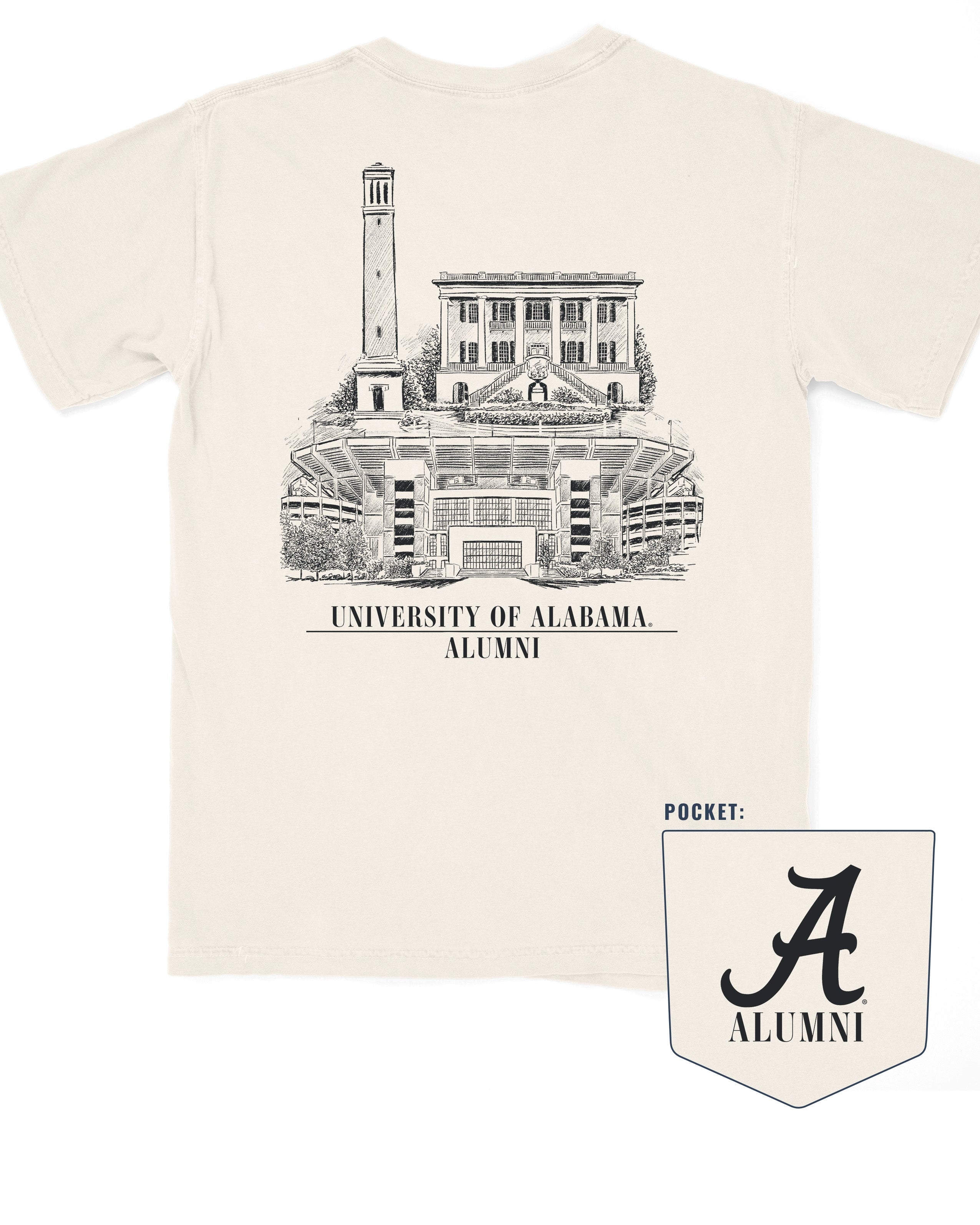 Alabama Alumni Ivory Comfort Colors T-Shirt with a graphic of Bryant-Denny Stadium, the President's Mansion, and Denny Chimes, and the text 'UNIVERSITY OF ALABAMA ALUMNI'.