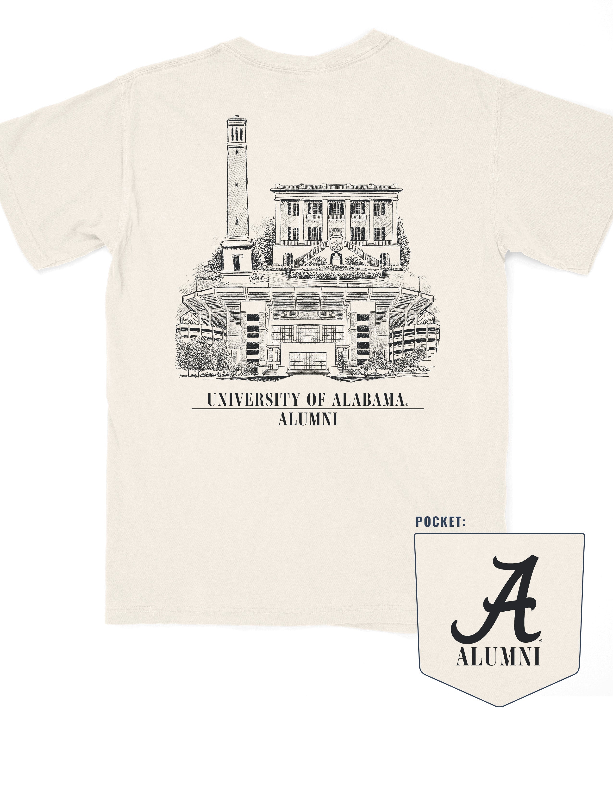 Alabama Alumni Ivory Comfort Colors T-Shirt with a graphic of Bryant-Denny Stadium, the President's Mansion, and Denny Chimes, and the text 'UNIVERSITY OF ALABAMA ALUMNI'.
