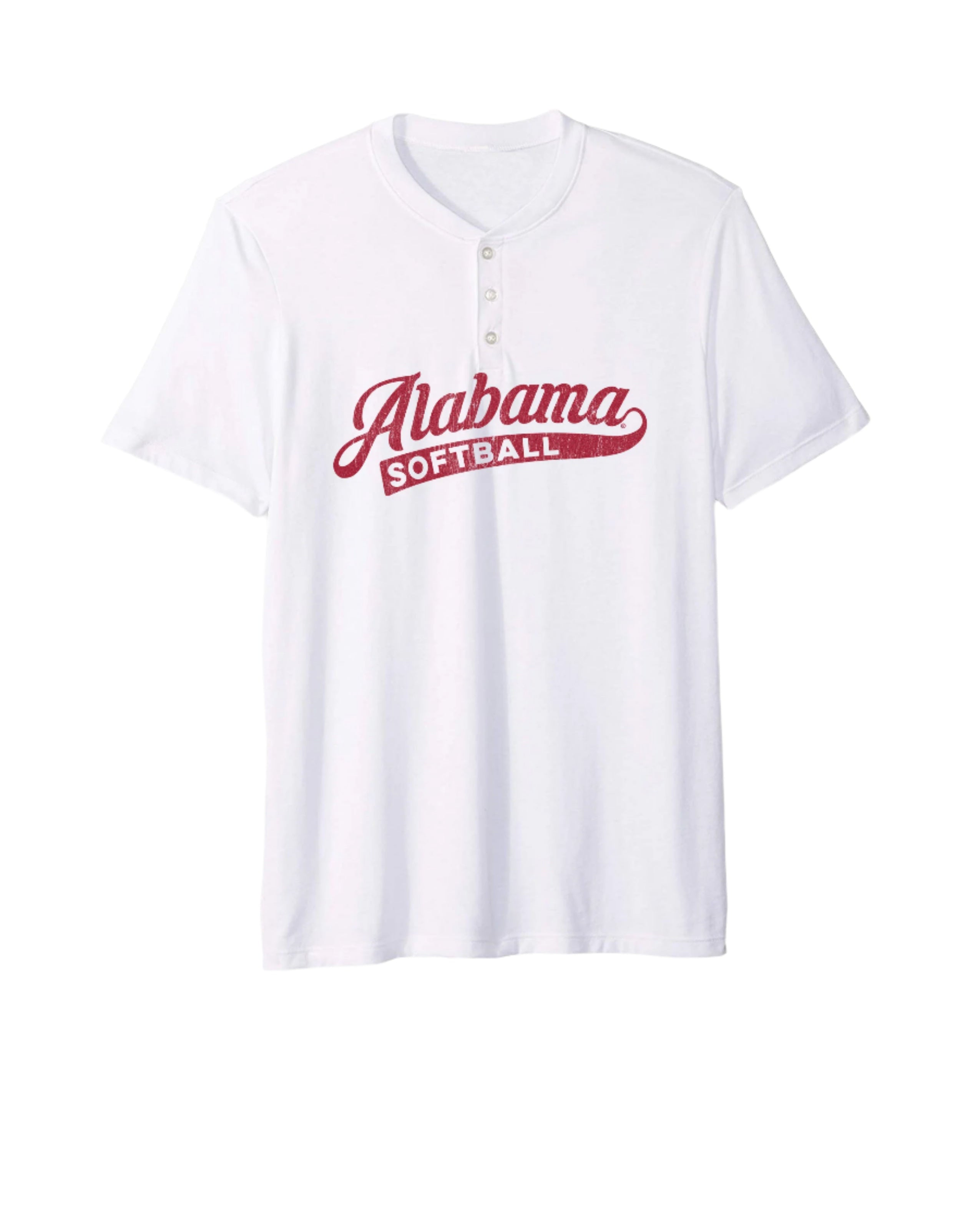 University of Alabama Alabama Softball  White Henley Startee CVC with the Red script "Alabama" and White text "SOFTBALL" inside the script tail