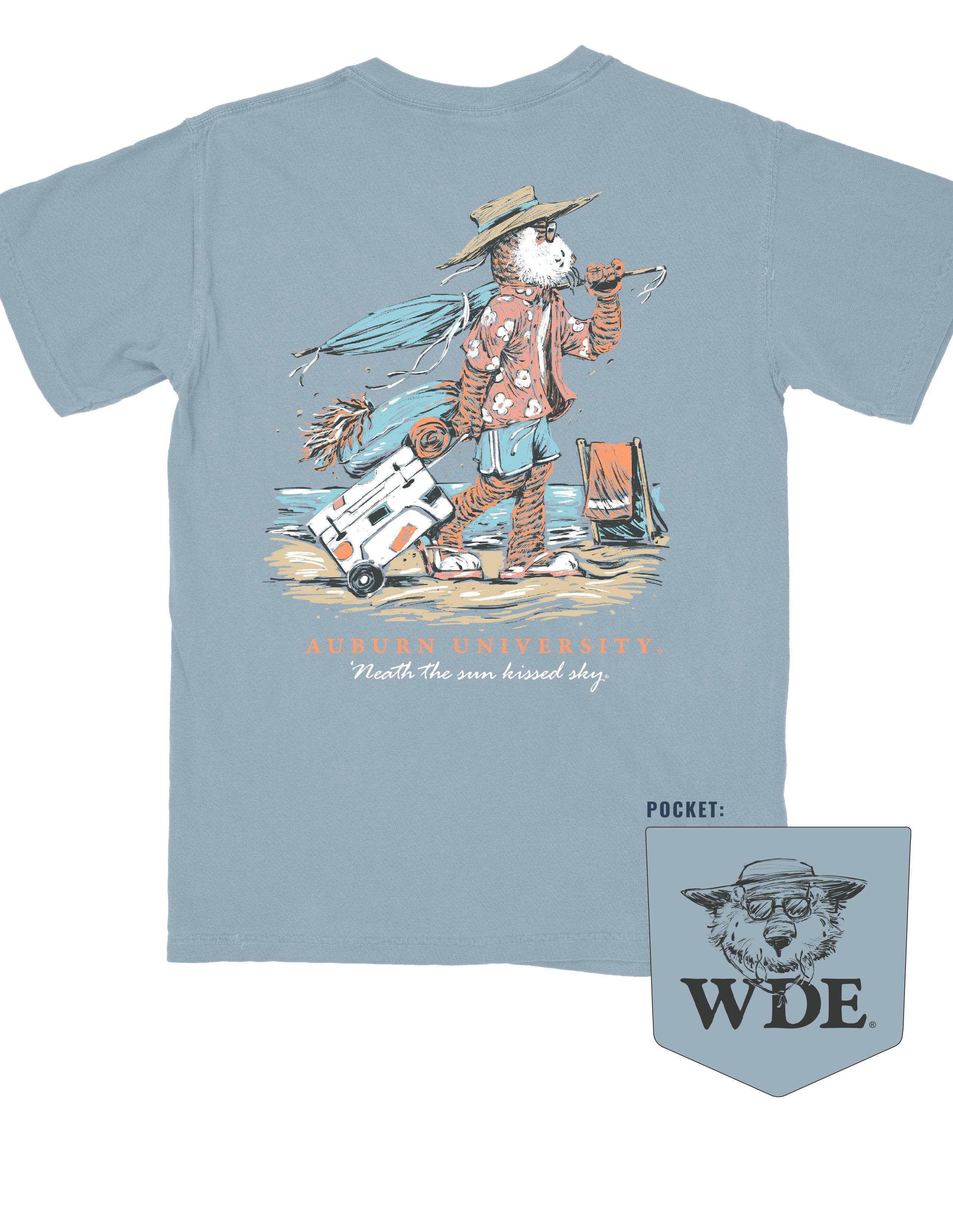 Auburn University Aubie Beach Ice Blue Comfort Colors T-Shirt with an image of Aubie the Tiger in beach clothes carrying an umbrella dragging a cooler across the sand