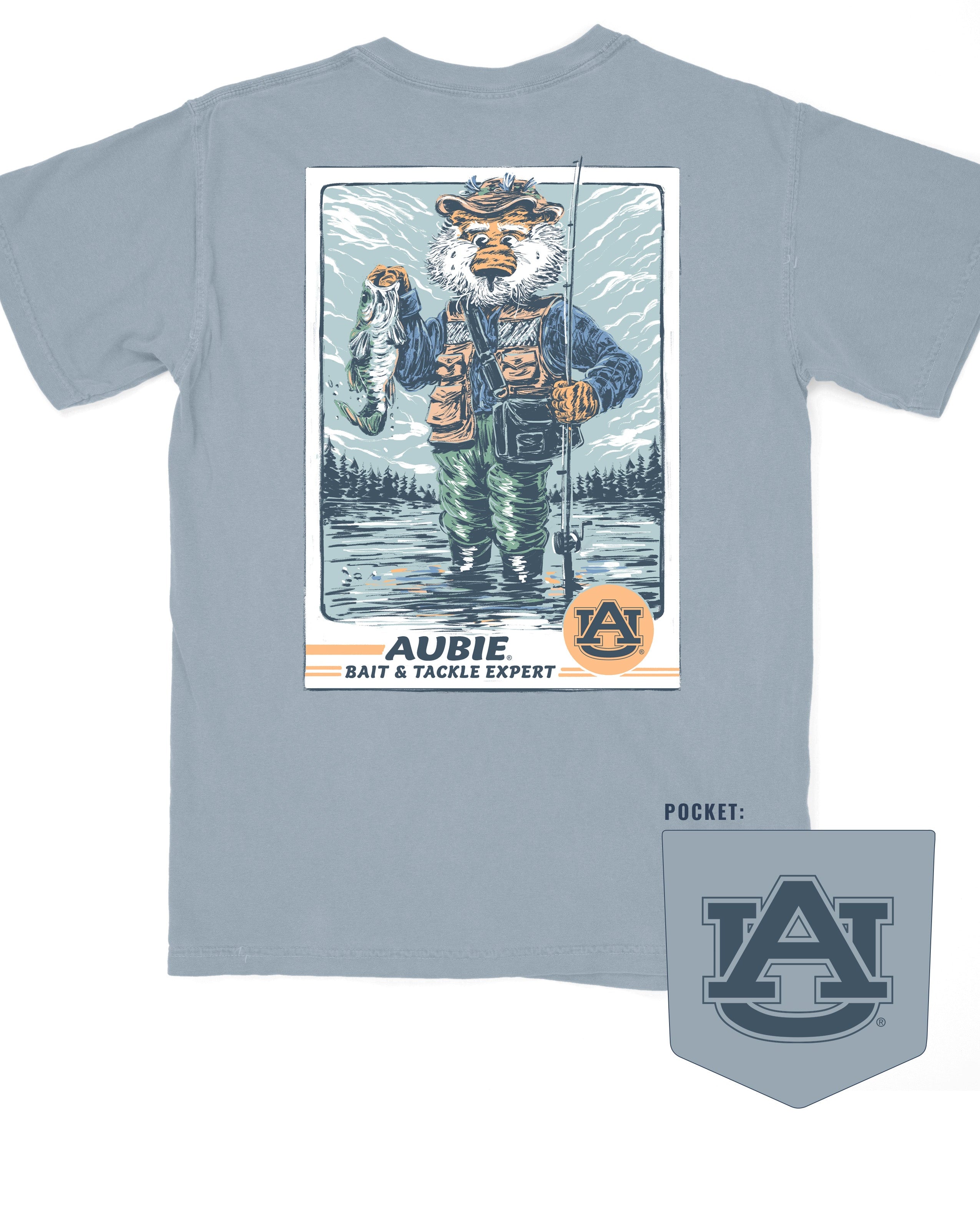 Auburn University Aubie Fishing Comfort Colors Ice Blue T-Shirt with image of Aubie standing in fishing boat holding a fishing pole