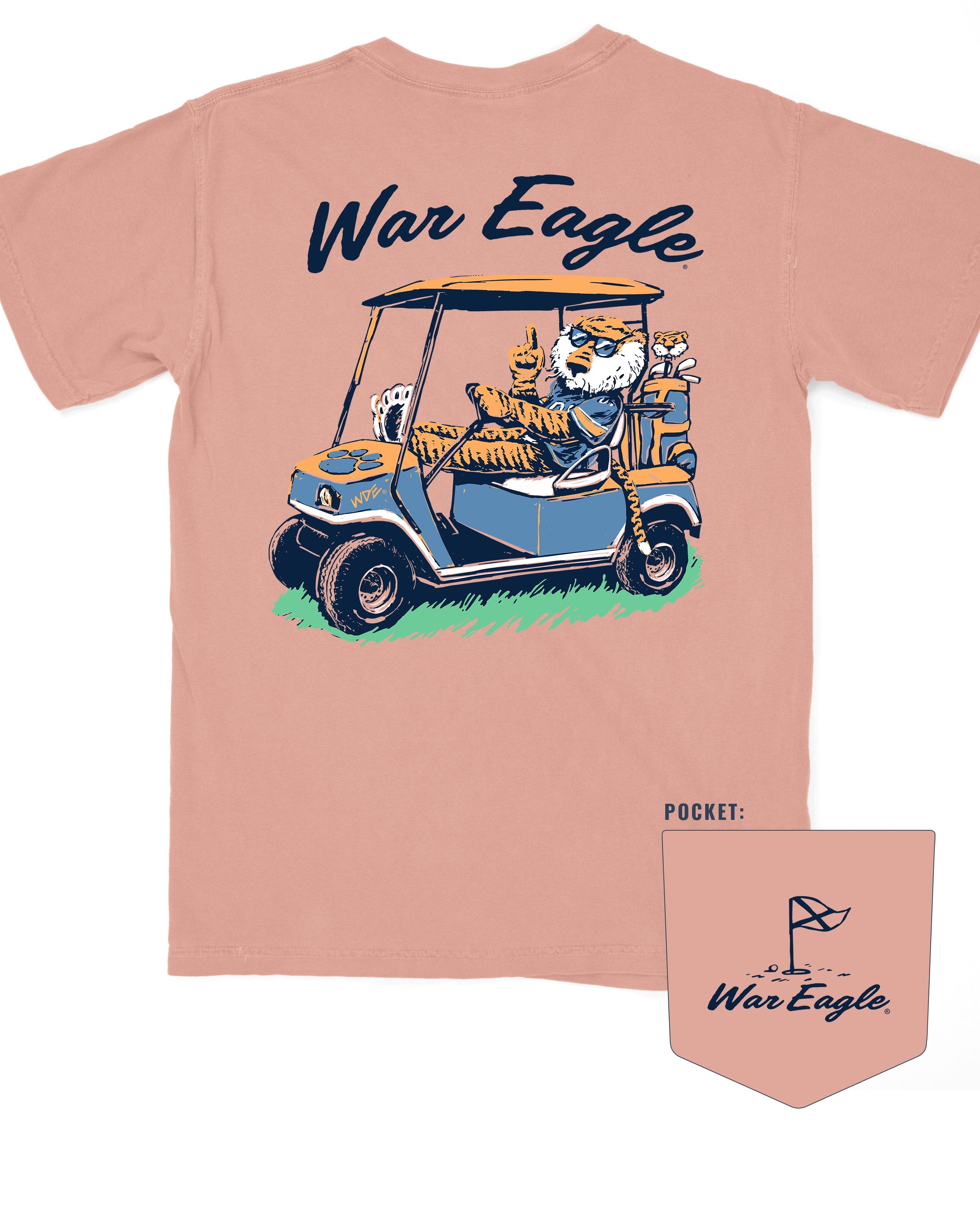 Auburn University Aubie Golf Cart Terracotta Comfort Colors T-Shirt  with the text "War Eagle" above an image of Aubie the Tiger wearing sunglasses and driving a golf cart