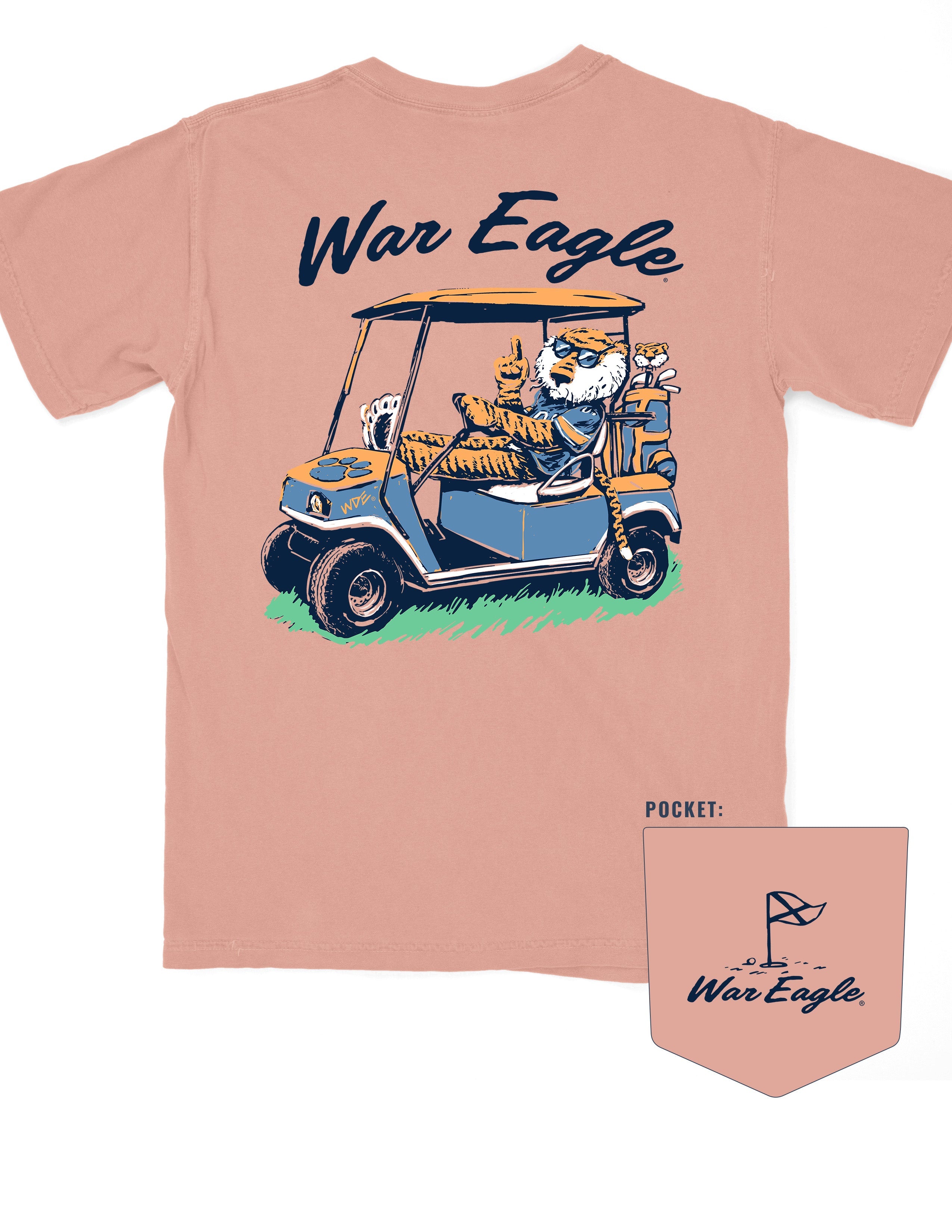 Auburn University Aubie Golf Cart Terracotta Comfort Colors T-Shirt with the text "War Eagle" above an image of Aubie the Tiger wearing sunglasses and driving a golf cart