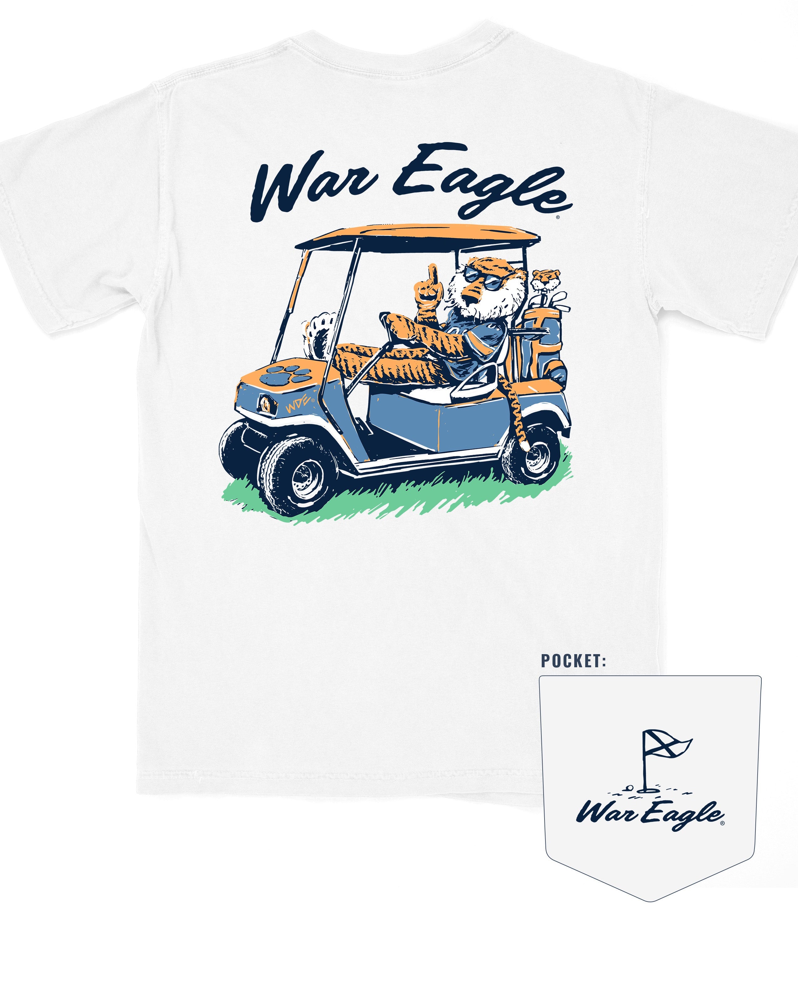 Auburn University Aubie Golf Cart White Comfort Colors T-Shirt  with the text "War Eagle" above an image of Aubie the Tiger wearing sunglasses and driving a golf cart