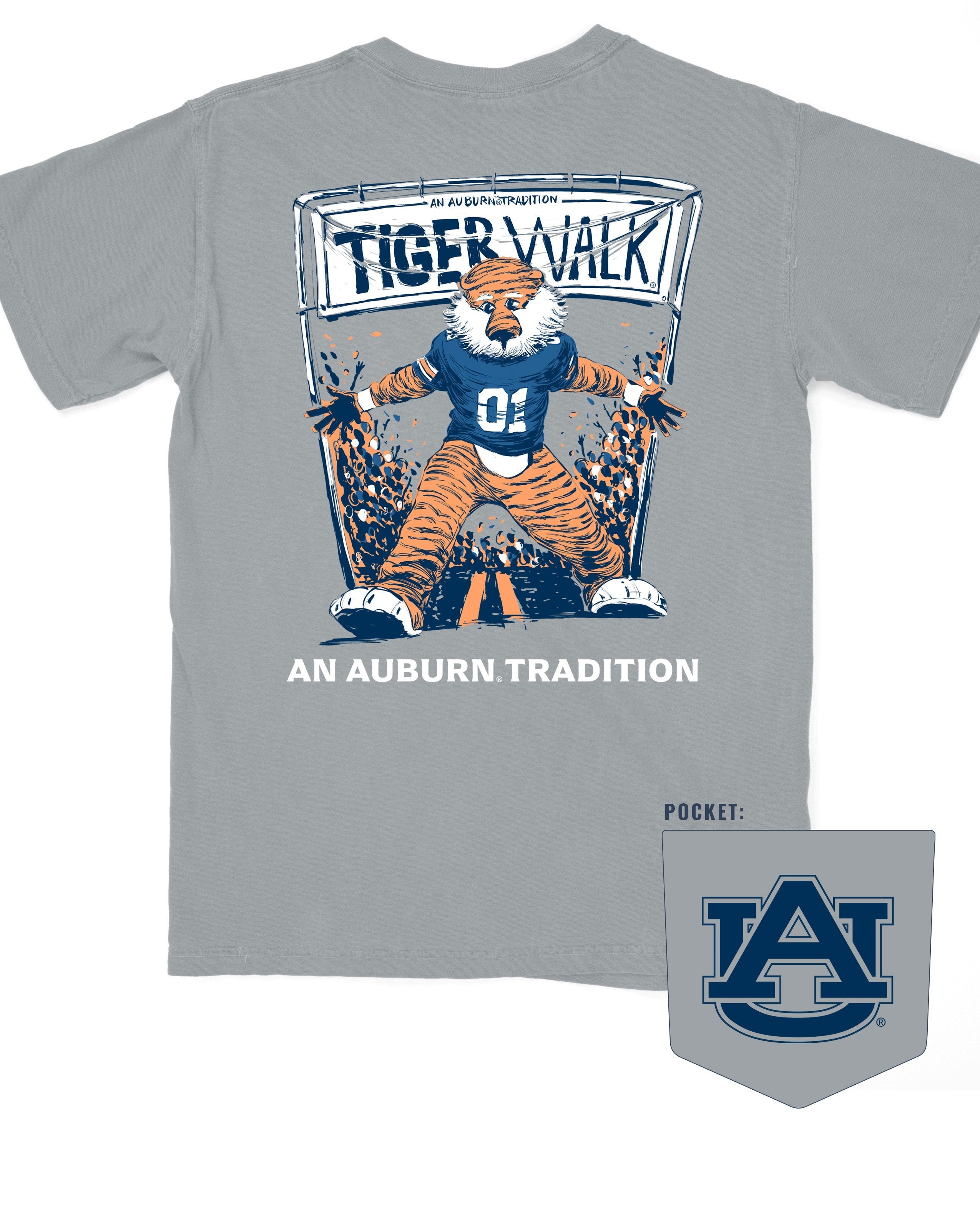 Auburn University Aubie Tiger Walk Granite Comfort Colors T-Shirt with an image of Aubie the Tiger leading a parade under a banner with the text "Tiger Walk"