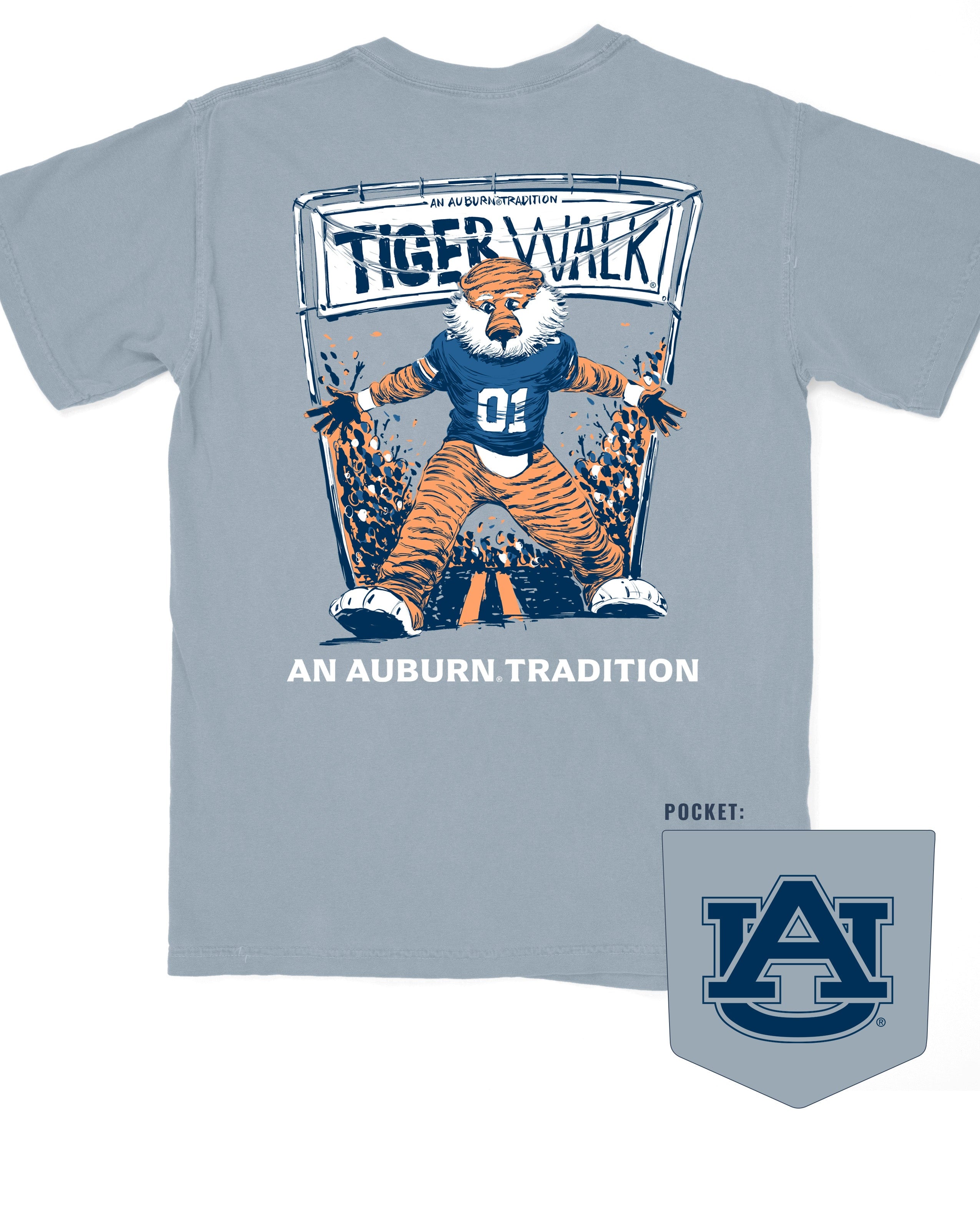 Auburn University Aubie Tiger Walk Ice Blue Comfort Colors T-Shirt with an image of Aubie the Tiger leading a parade under a banner with the text "Tiger Walk"