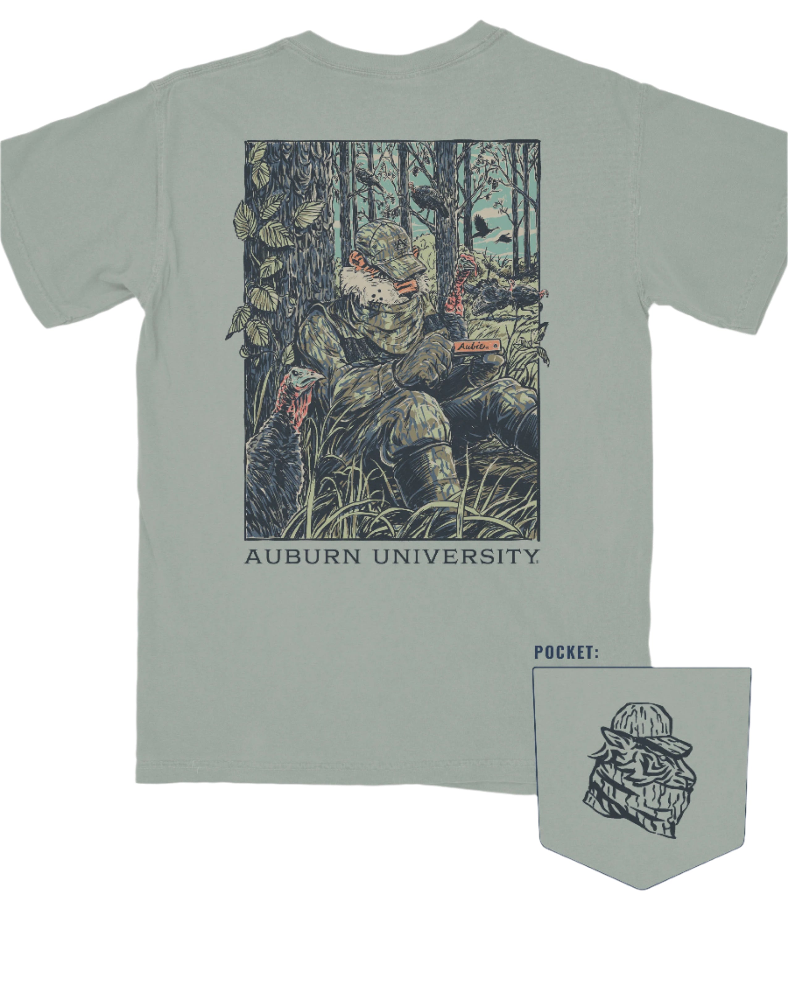 Auburn University Aubie Turkey Call Comfort Colors Bay with an image of Aubie the Tiger wearing hunting gear and sitting next to turkeys