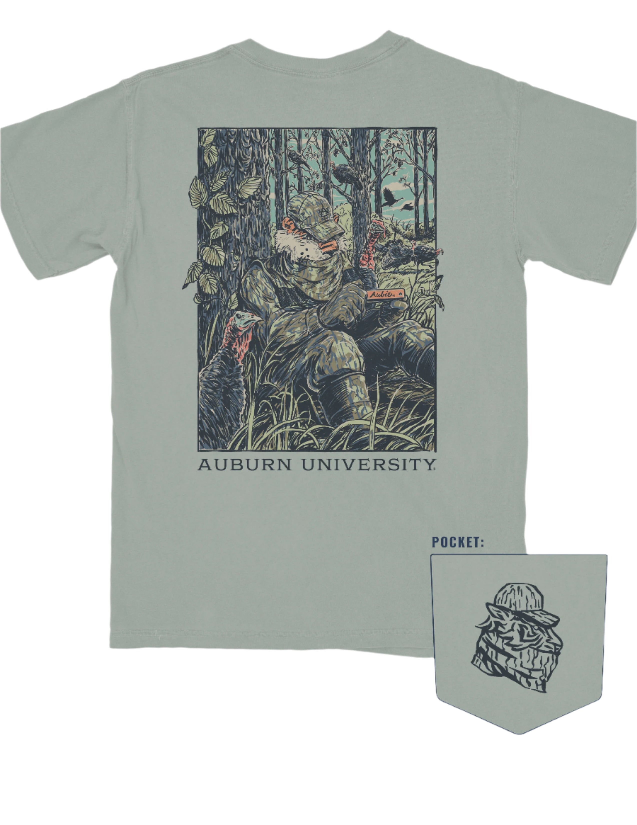 Auburn University Aubie Turkey Call Comfort Colors Bay with an image of Aubie the Tiger wearing hunting gear and sitting next to turkeys