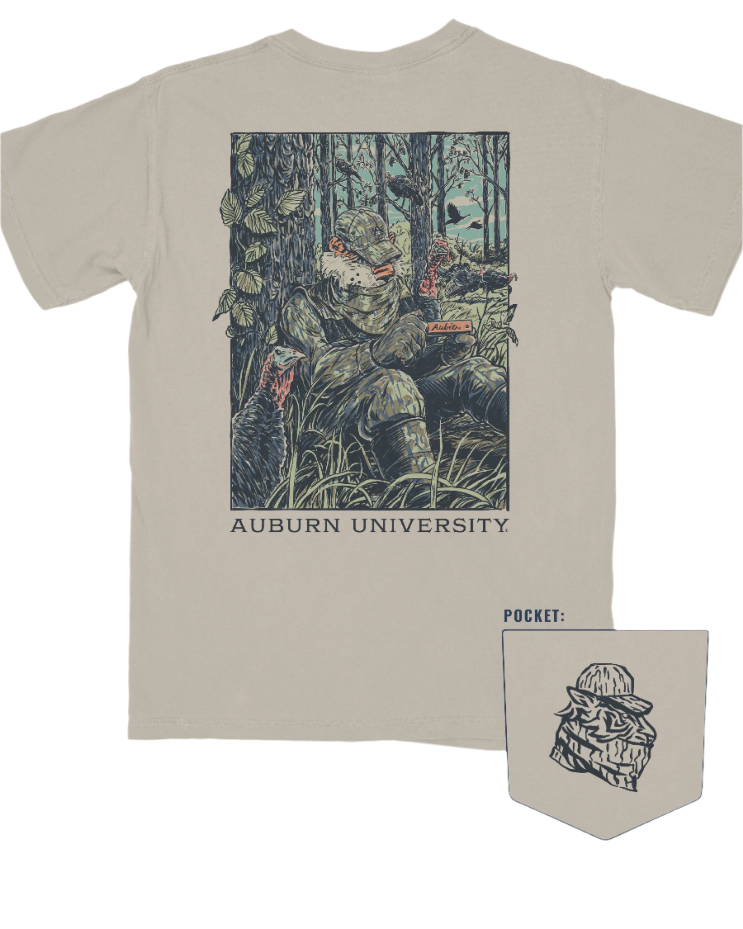 Auburn University Aubie Turkey Call Comfort Colors Sandstone with an image of Aubie the Tiger wearing hunting gear and sitting next to turkeys