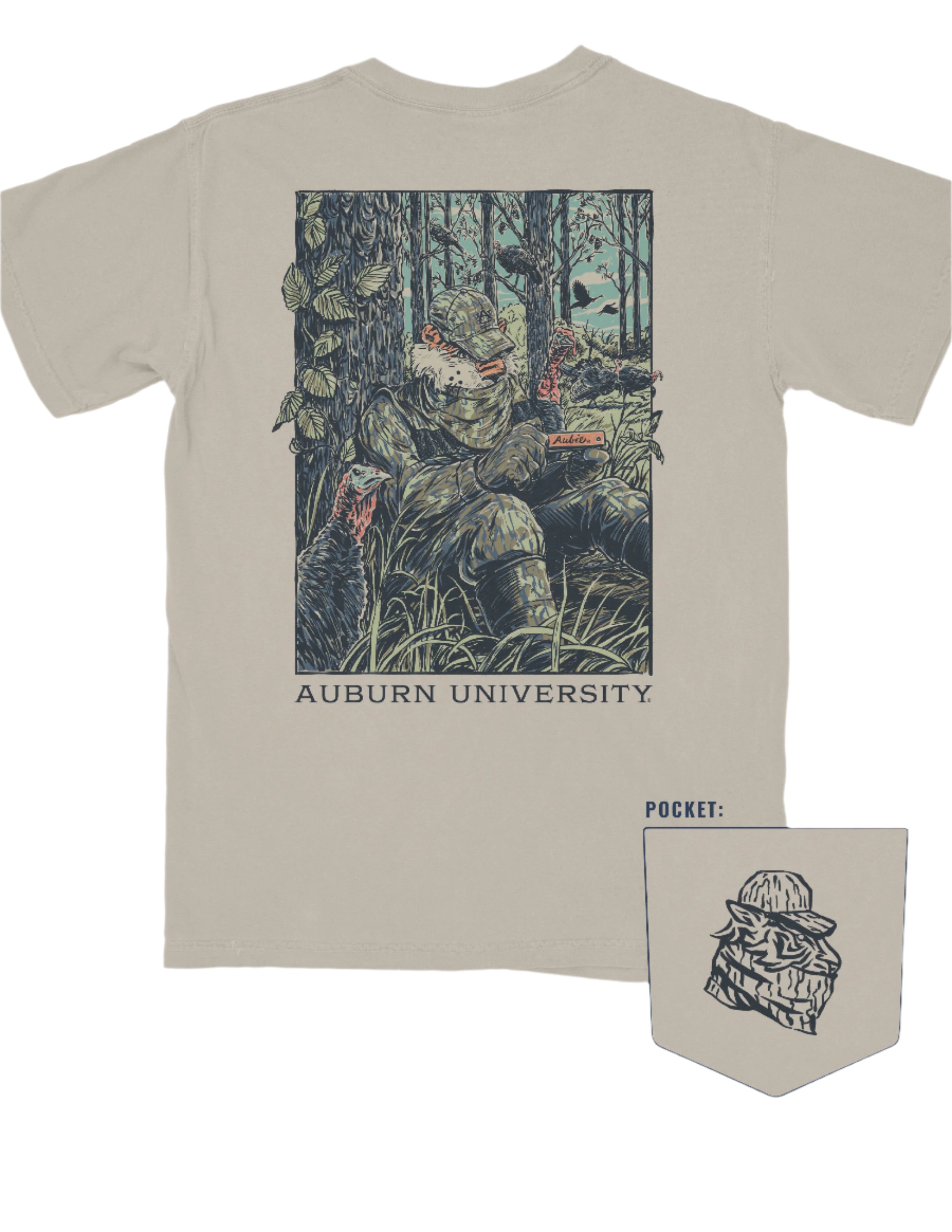 Auburn University Aubie Turkey Call Comfort Colors Sandstone with an image of Aubie the Tiger wearing hunting gear and sitting next to turkeys