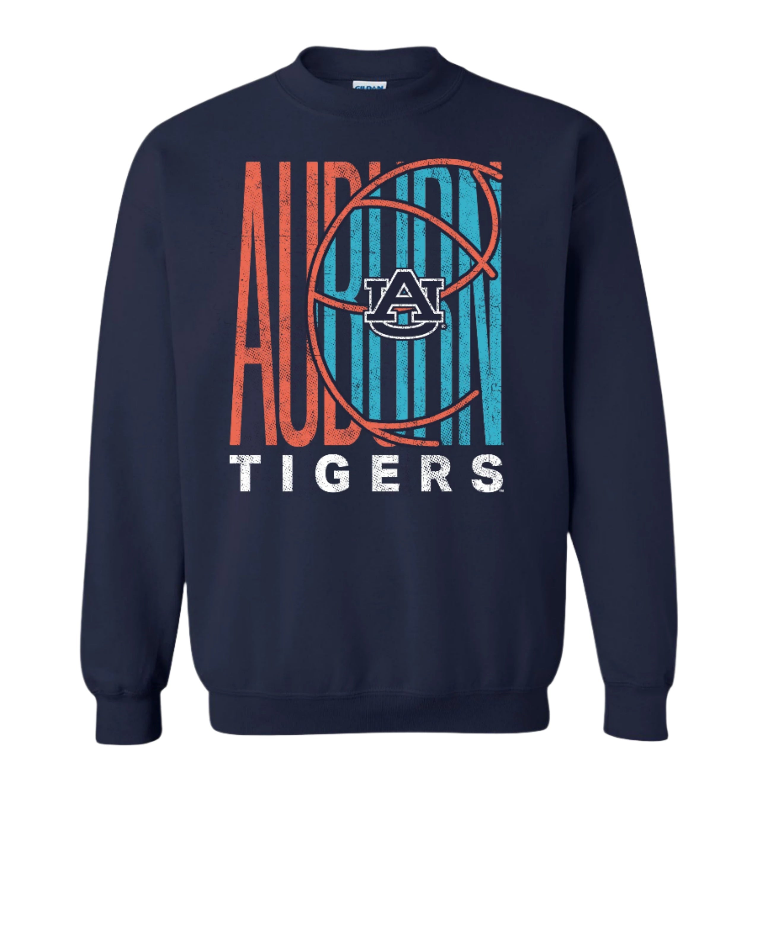 Auburn University Auburn Basketball Gildan Navy Sweatshirt Auburn Tigers basketball sweatshirt in orange and blue colors with a retro inspired graphic design