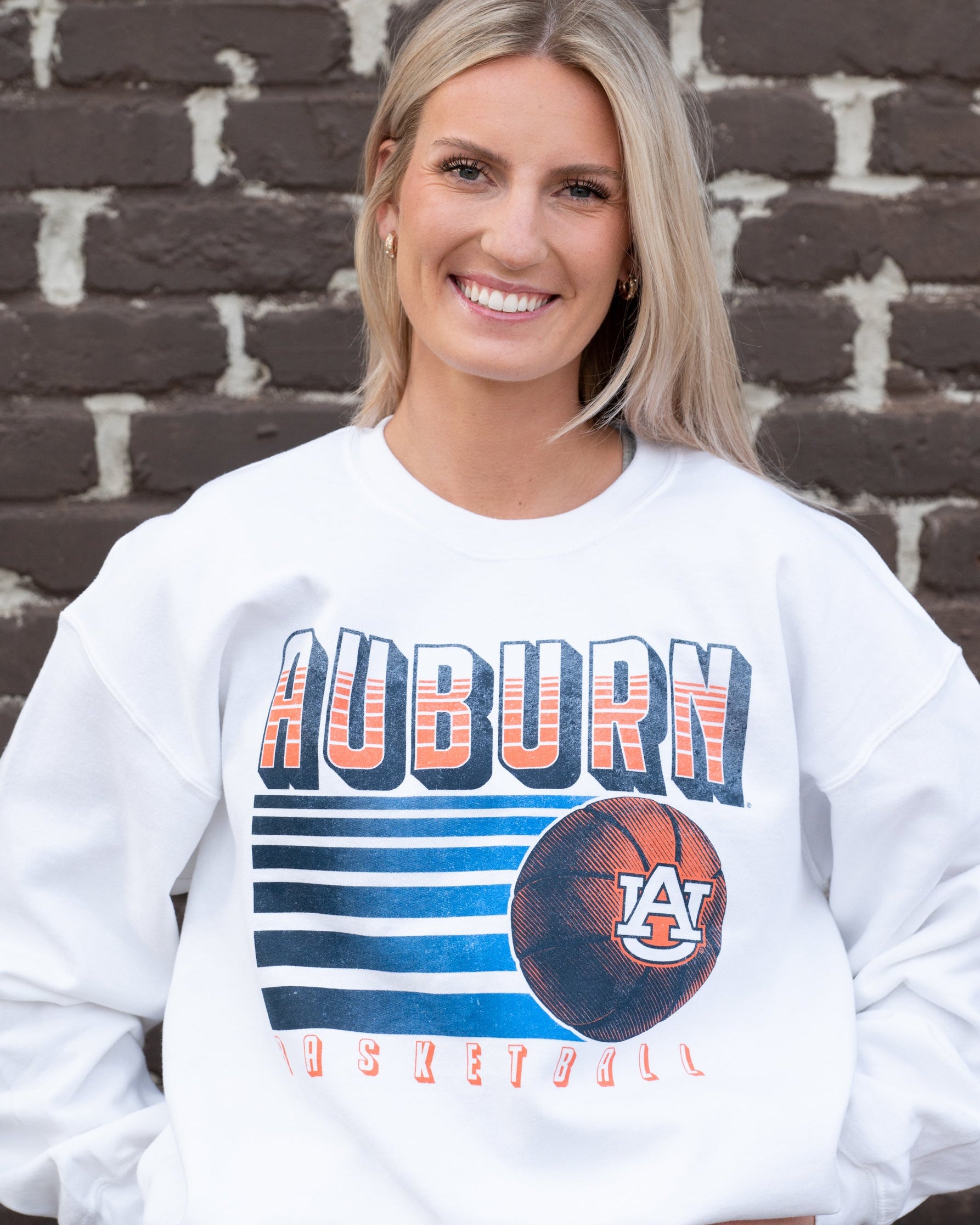 Auburn University Auburn Basketball Vintage Grey Gildan Sweatshirt with retro style Orange text "Auburn" and an image of a basketball with the AU Logo