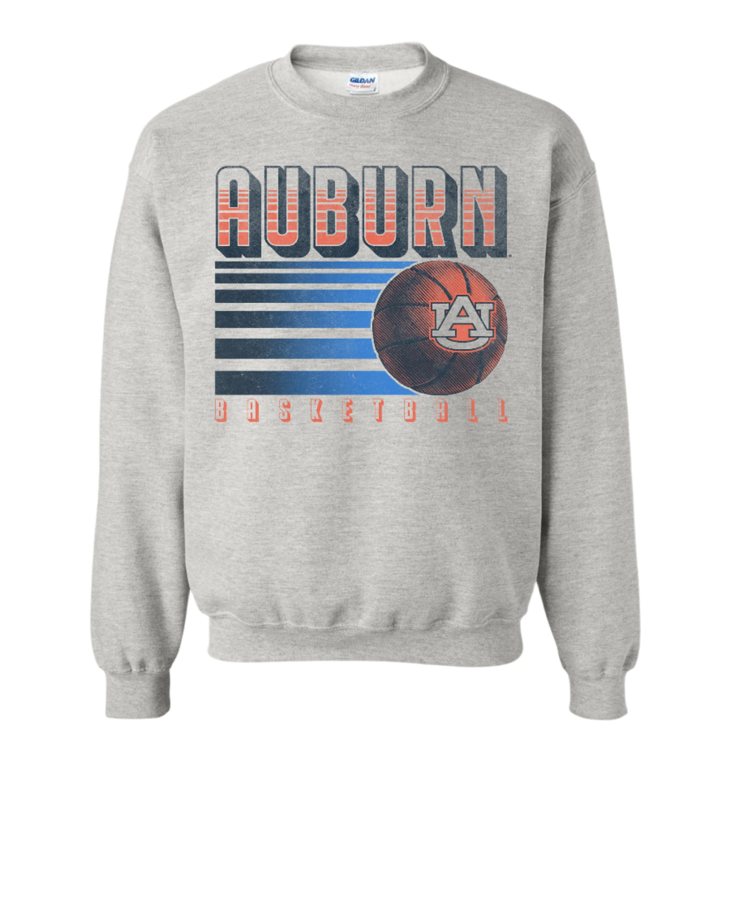Auburn University Auburn Basketball Vintage Grey Gildan Sweatshirt with retro style Orange text "Auburn" and an image of a basketball with the AU Logo
