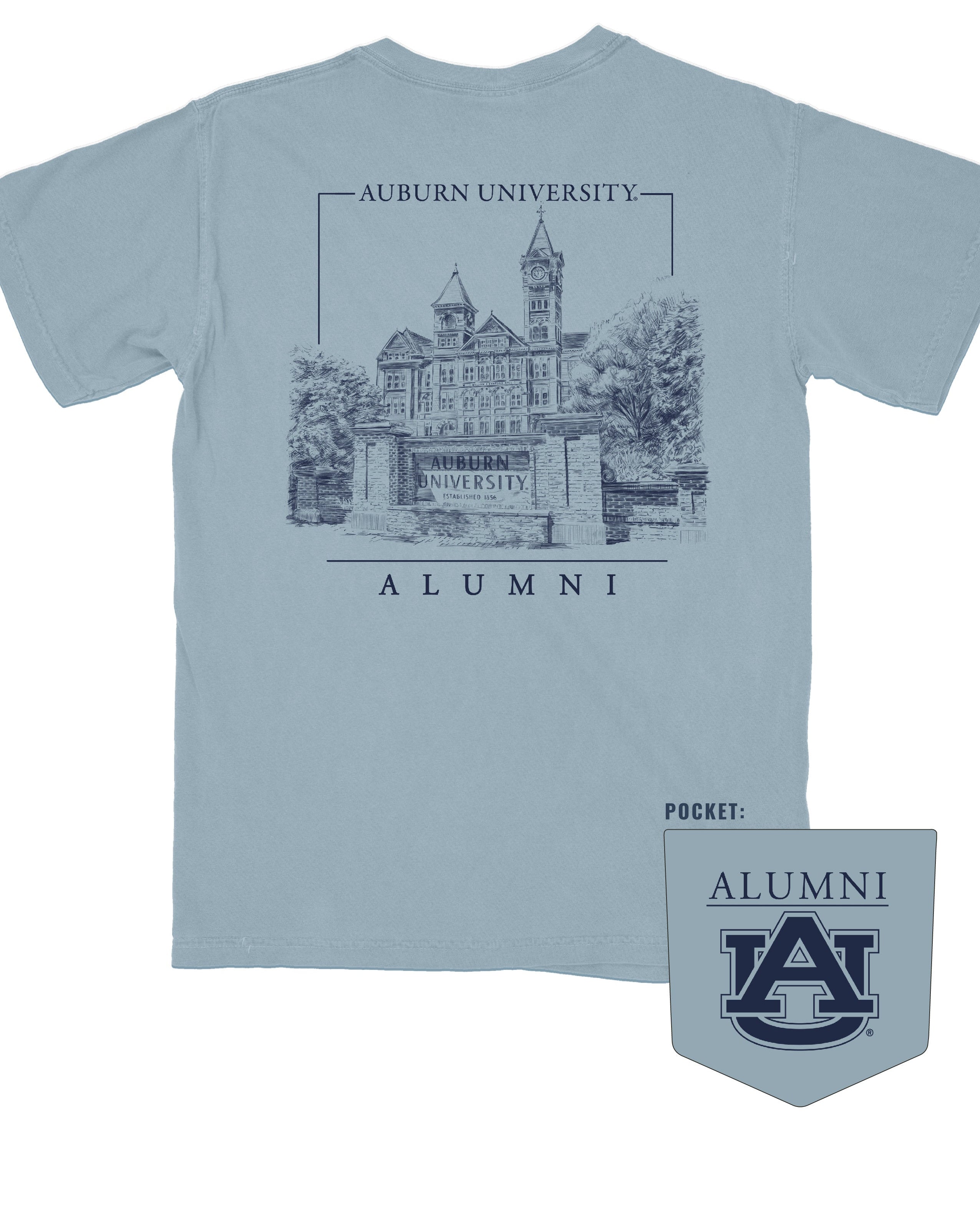 Auburn University Blue Auburn University Alumni t-shirt with a detailed drawing of Samford Hall on the back.