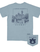Auburn University Blue Auburn University Alumni t-shirt with a detailed drawing of Samford Hall on the back.
