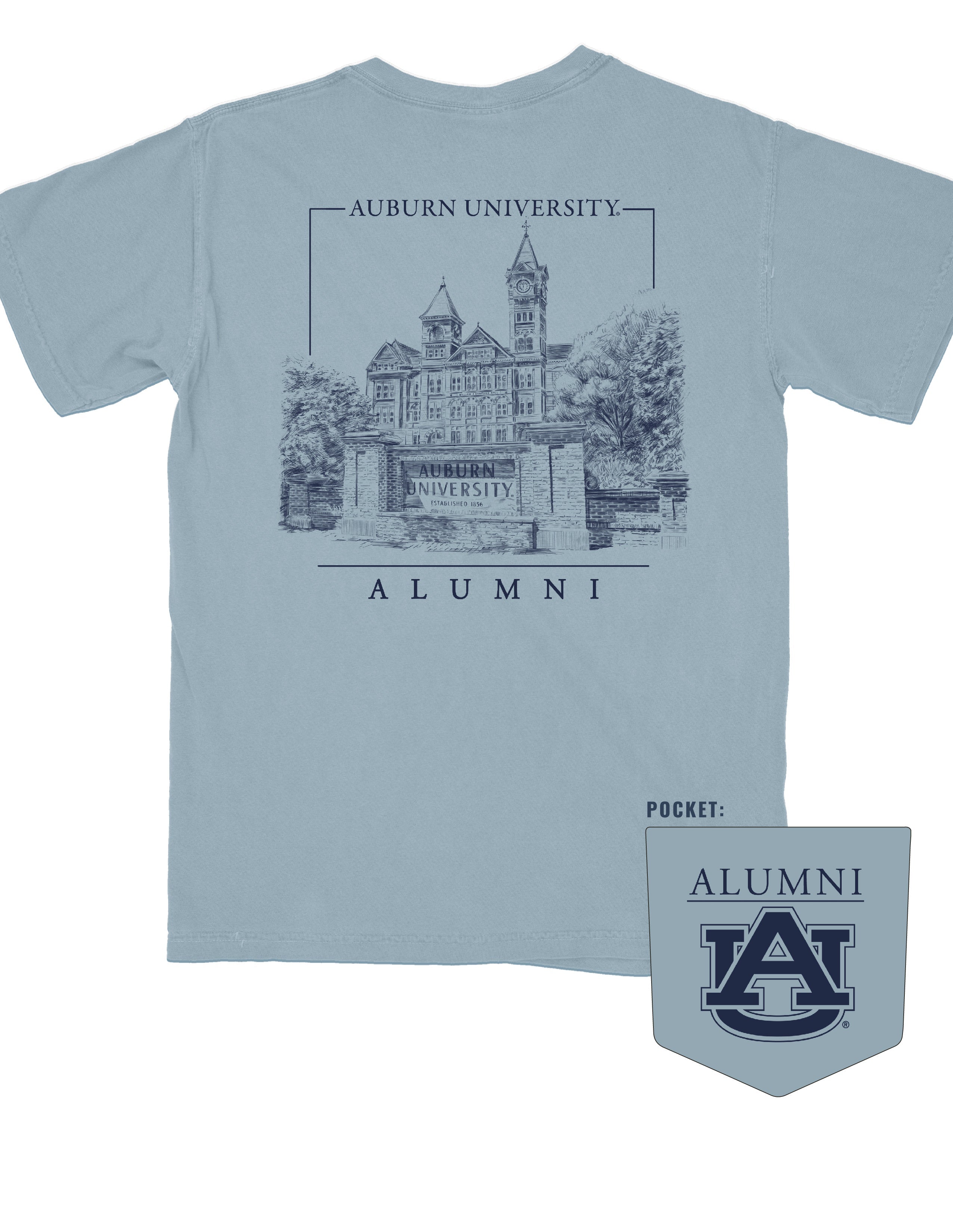 Auburn University Blue Auburn University Alumni t-shirt with a detailed drawing of Samford Hall on the back.