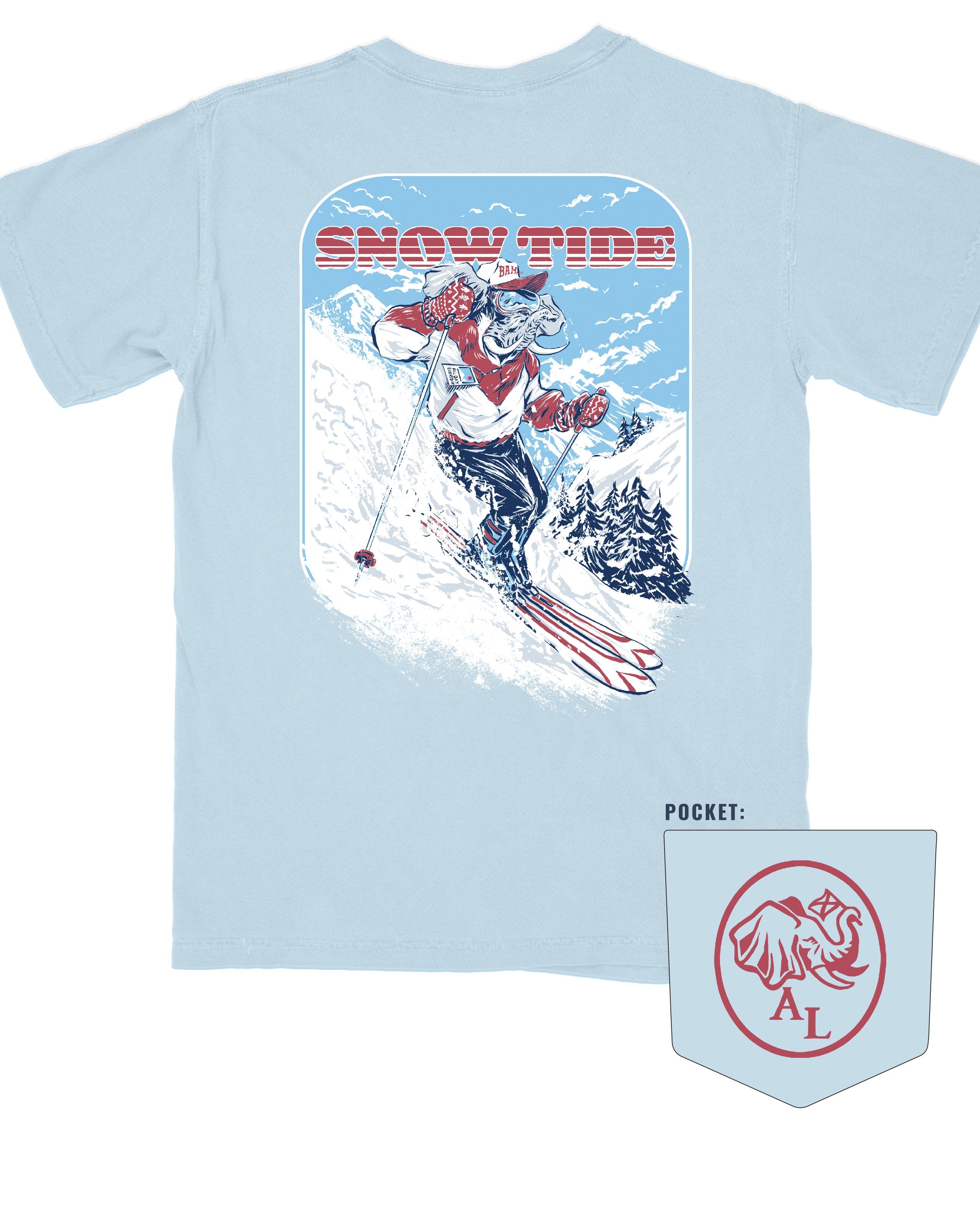 University of Alabama Big Al Snow Skiing Chambray Comfort Colors T-Shirt with text "Snow Tide" above an image of Big Al in a ski outfit skiing down a snow-covered mountain