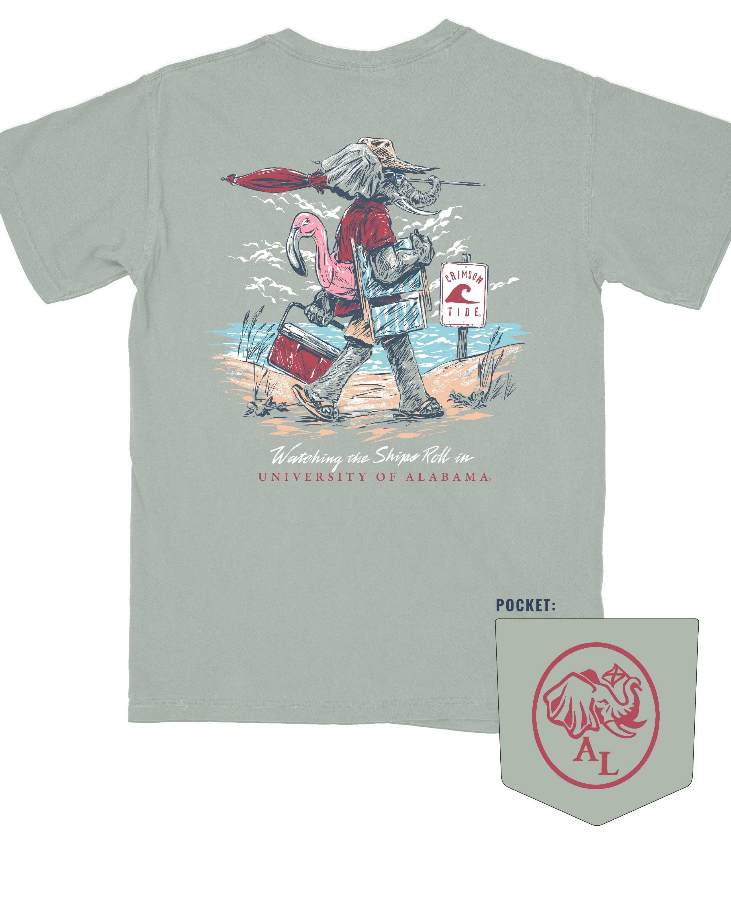 University of Alabama Big Al Beach Bay Comfort Colors T-Shirt with an image of Big Al in beach clothes carrying an umbrella dragging a cooler across the sand