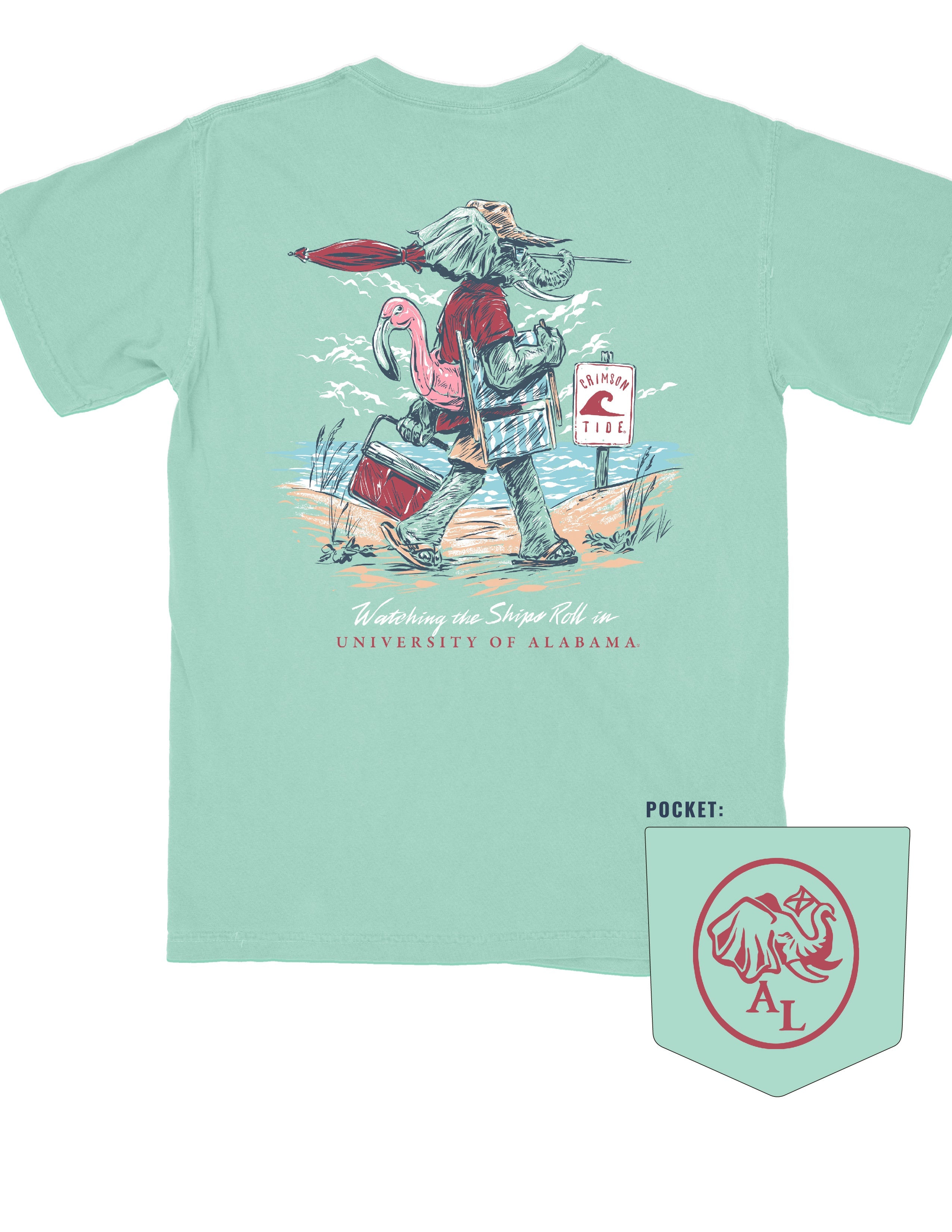 University of Alabama Big Al Beach Chalky Mint Comfort Colors T-Shirt with an image of Big Al in beach clothes carrying an umbrella dragging a cooler across the sand