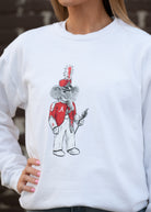 University of Alabama Big Al Drum Major White Hanes Sweatshirt with an image of Big Al wearing a Drum Major's outfit and holding the baton