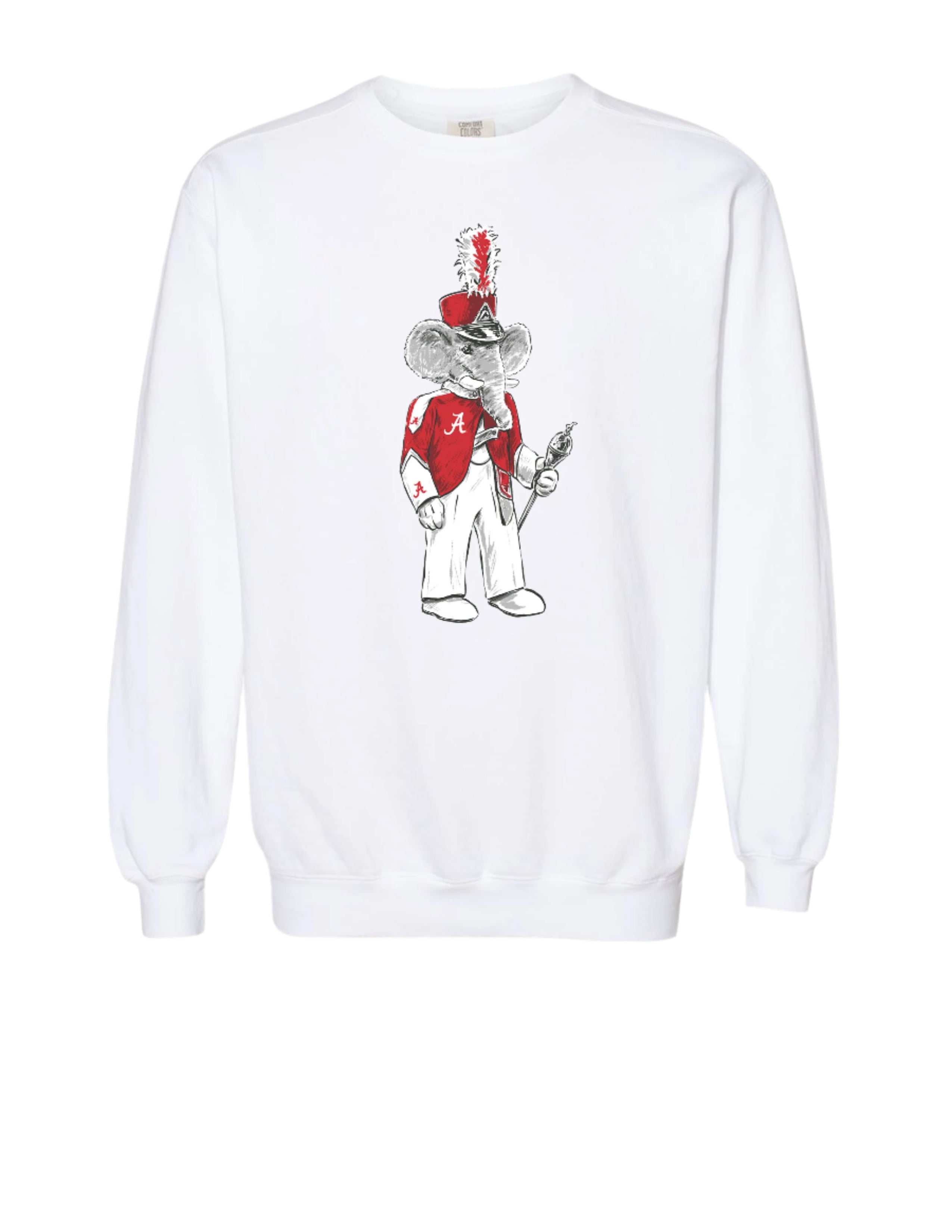 University of Alabama Big Al Drum Major White Hanes Sweatshirt with an image of Big Al wearing a Drum Major's outfit and holding the baton