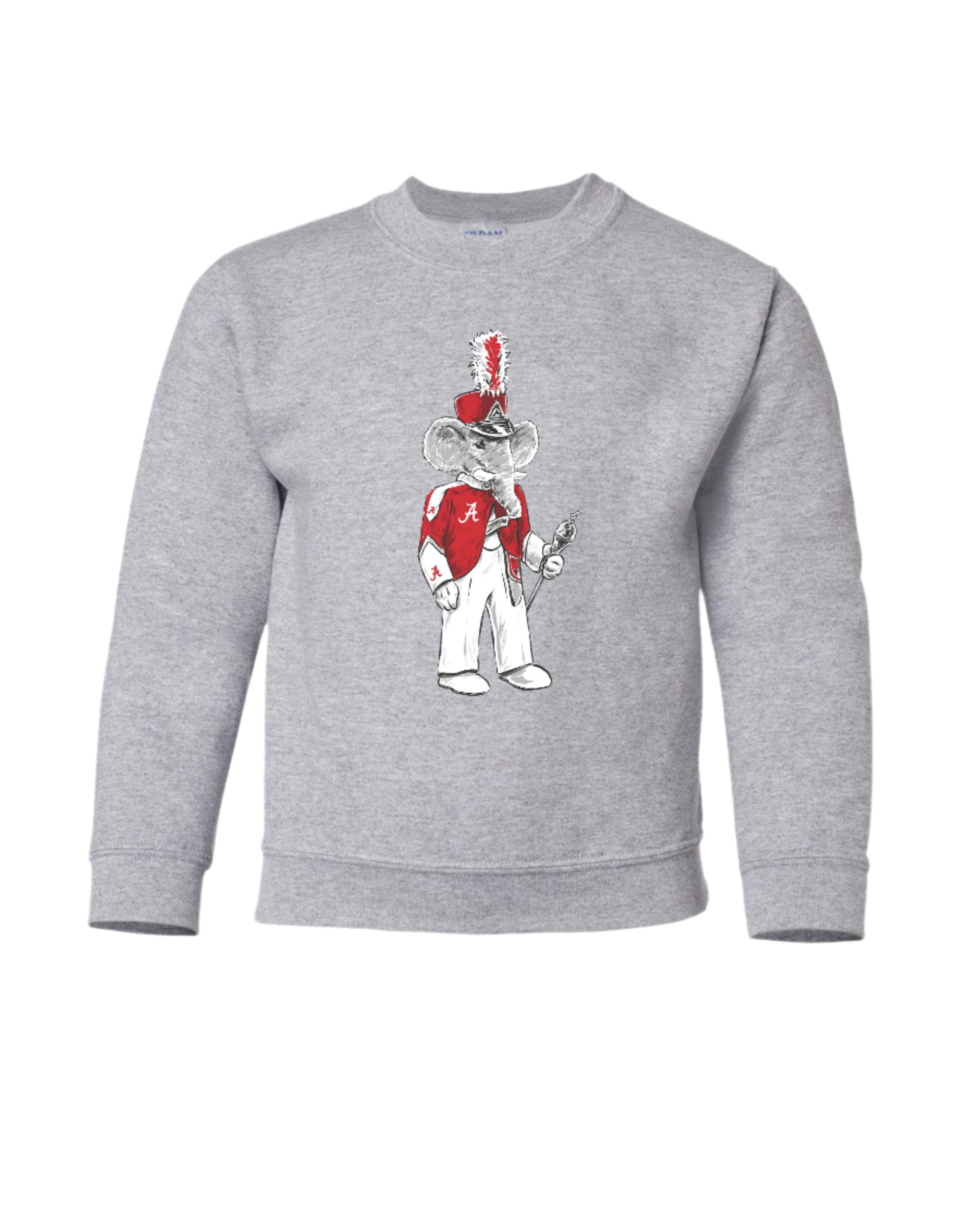 University of Alabama Big Al Drum Major Grey Gildan Sweatshirt with an image of Big Al wearing a Drum Major's outfit and holding the baton