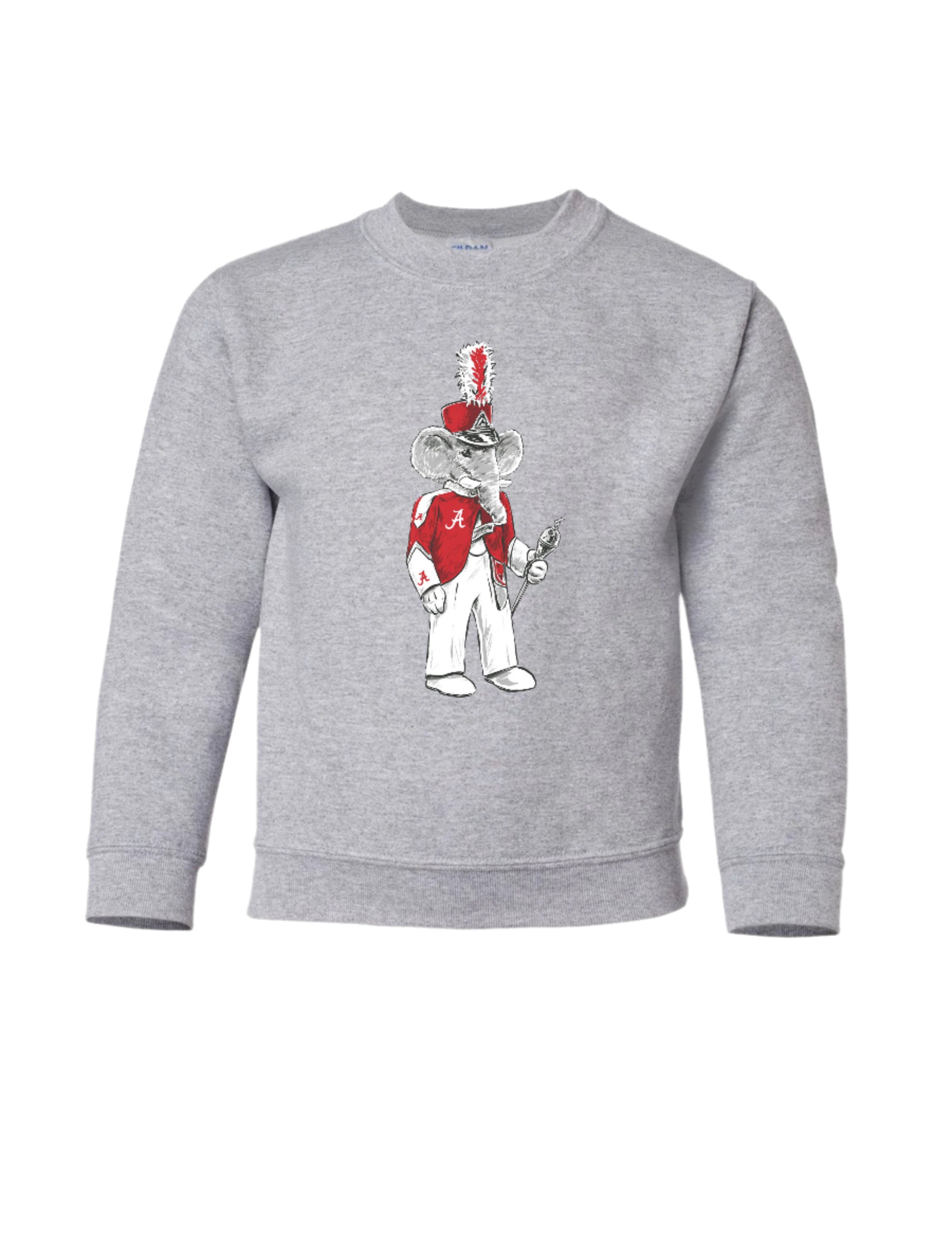 University of Alabama Big Al Drum Major Grey Gildan Sweatshirt with an image of Big Al wearing a Drum Major's outfit and holding the baton
