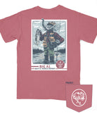 University of Alabama Big Al Fishing Comfort Colors Red T-Shirt with image of Big Al standing in the water holding a fishing pole